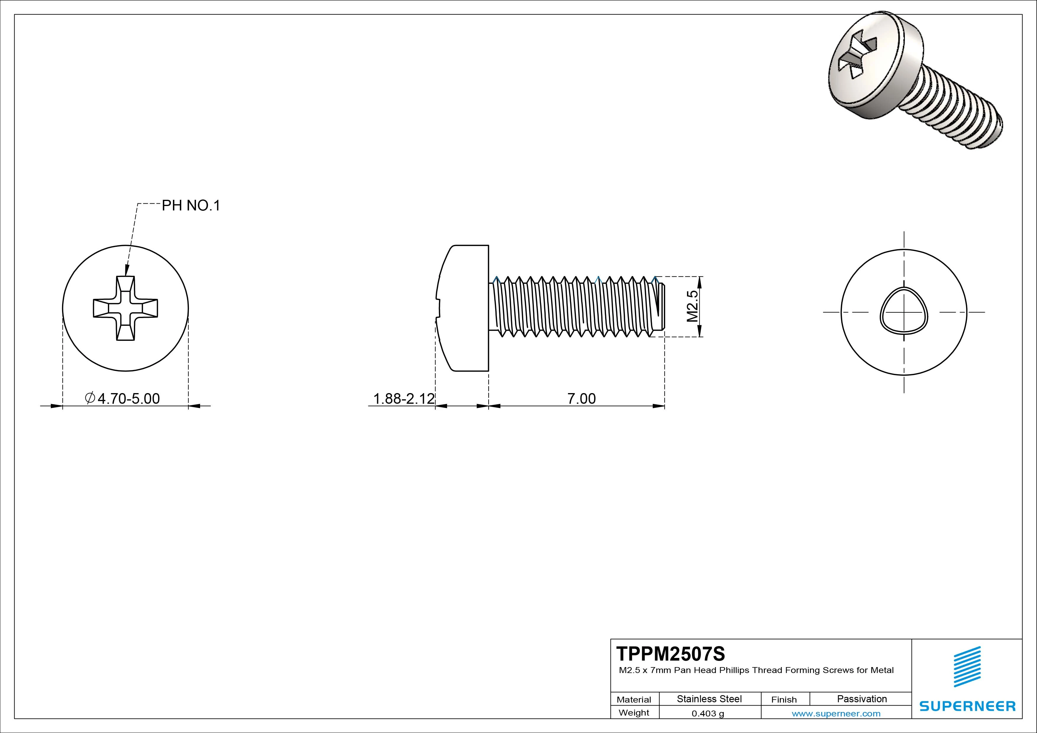 M2.5 × 7mm Pan Head Phillips Thread Forming Screws for Metal SUS304 Stainless Steel Inox