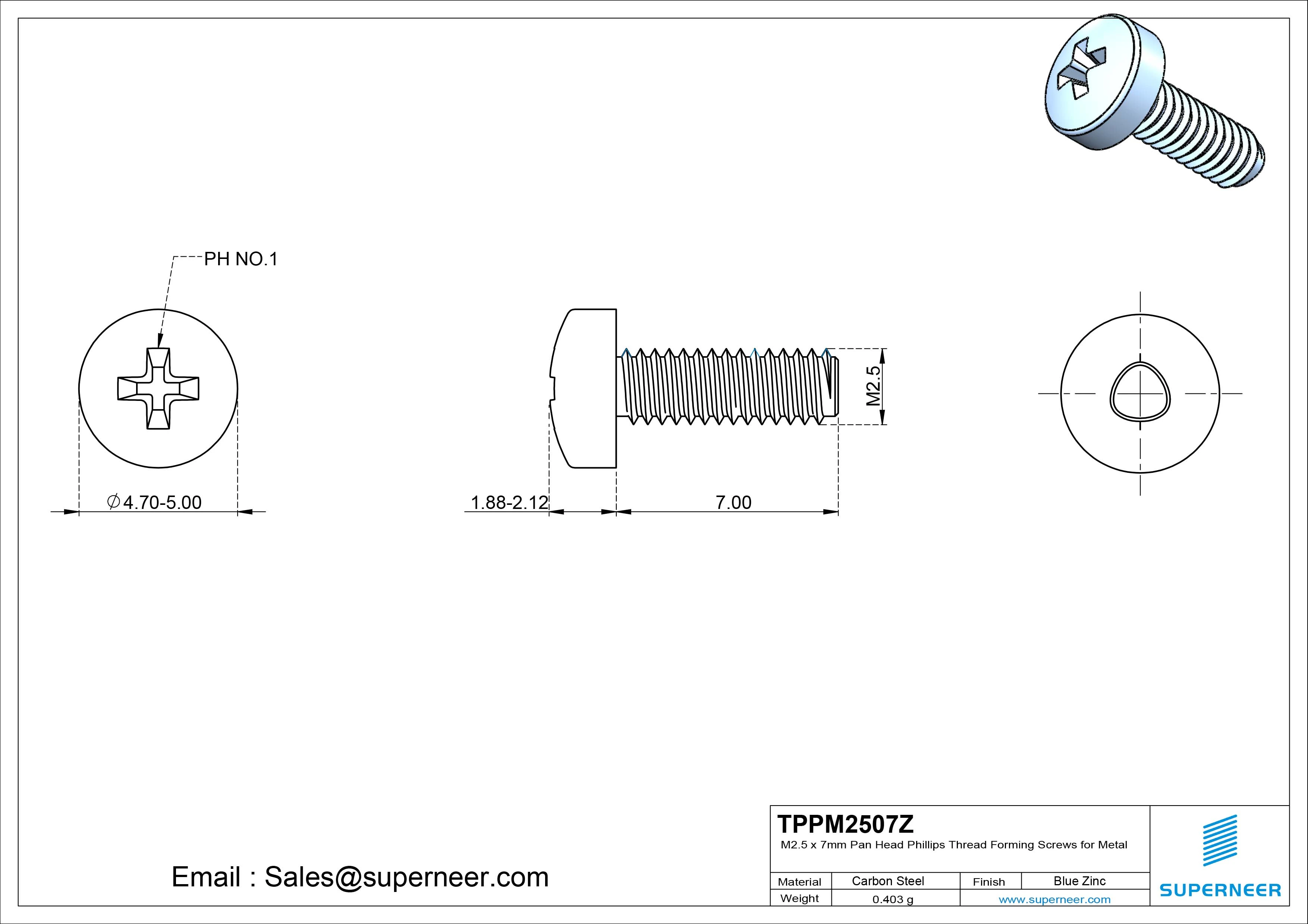 M2.5 × 7mm Pan Head Phillips Thread Forming Screws for Metal Steel Blue Zinc Plated