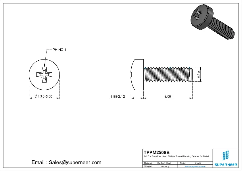 M2.5 × 8mm Pan Head Phillips Thread Forming Screws for Metal Steel Black