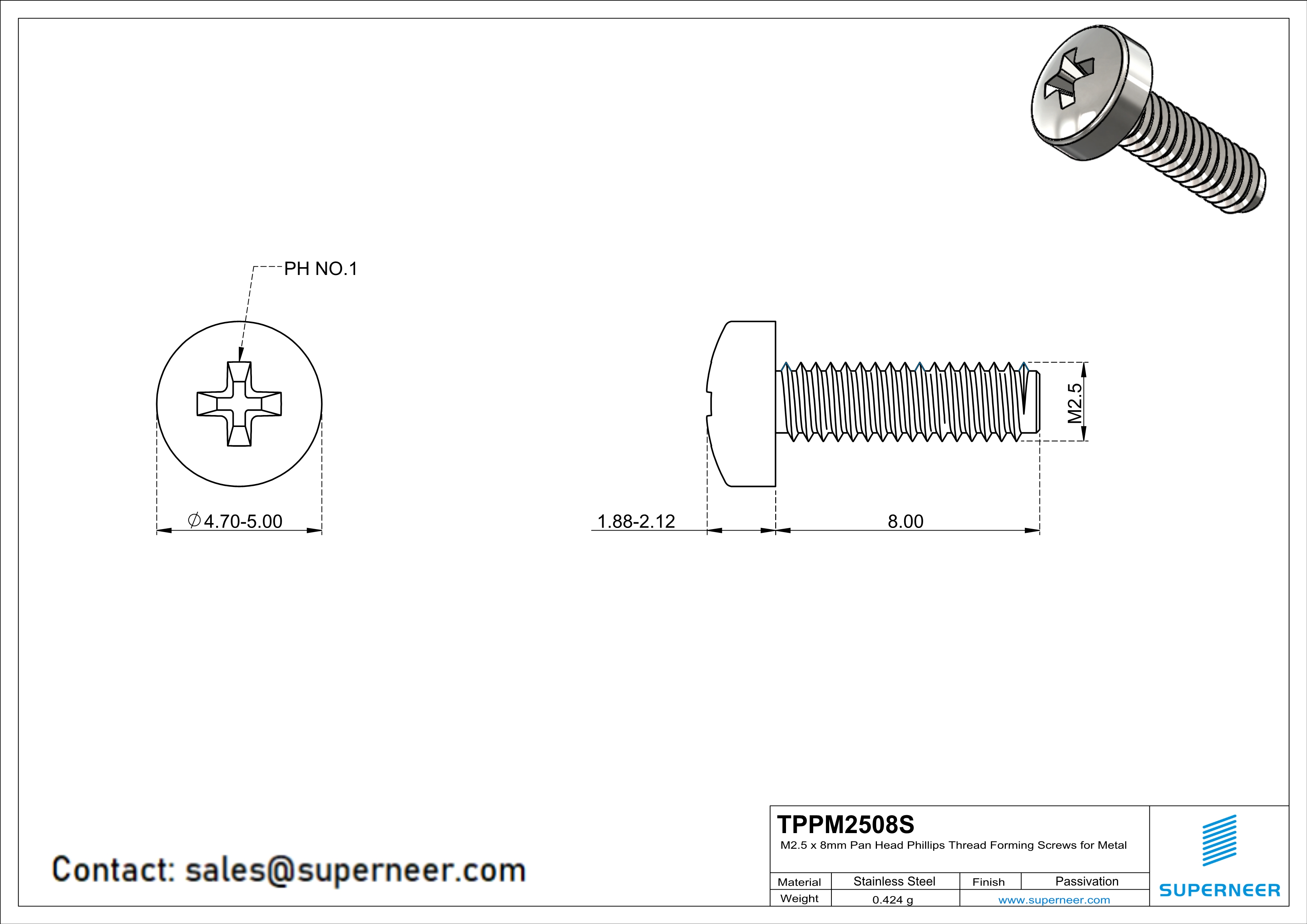 M2.5 × 8mm Pan Head Phillips Thread Forming Screws for Metal SUS304 Stainless Steel Inox