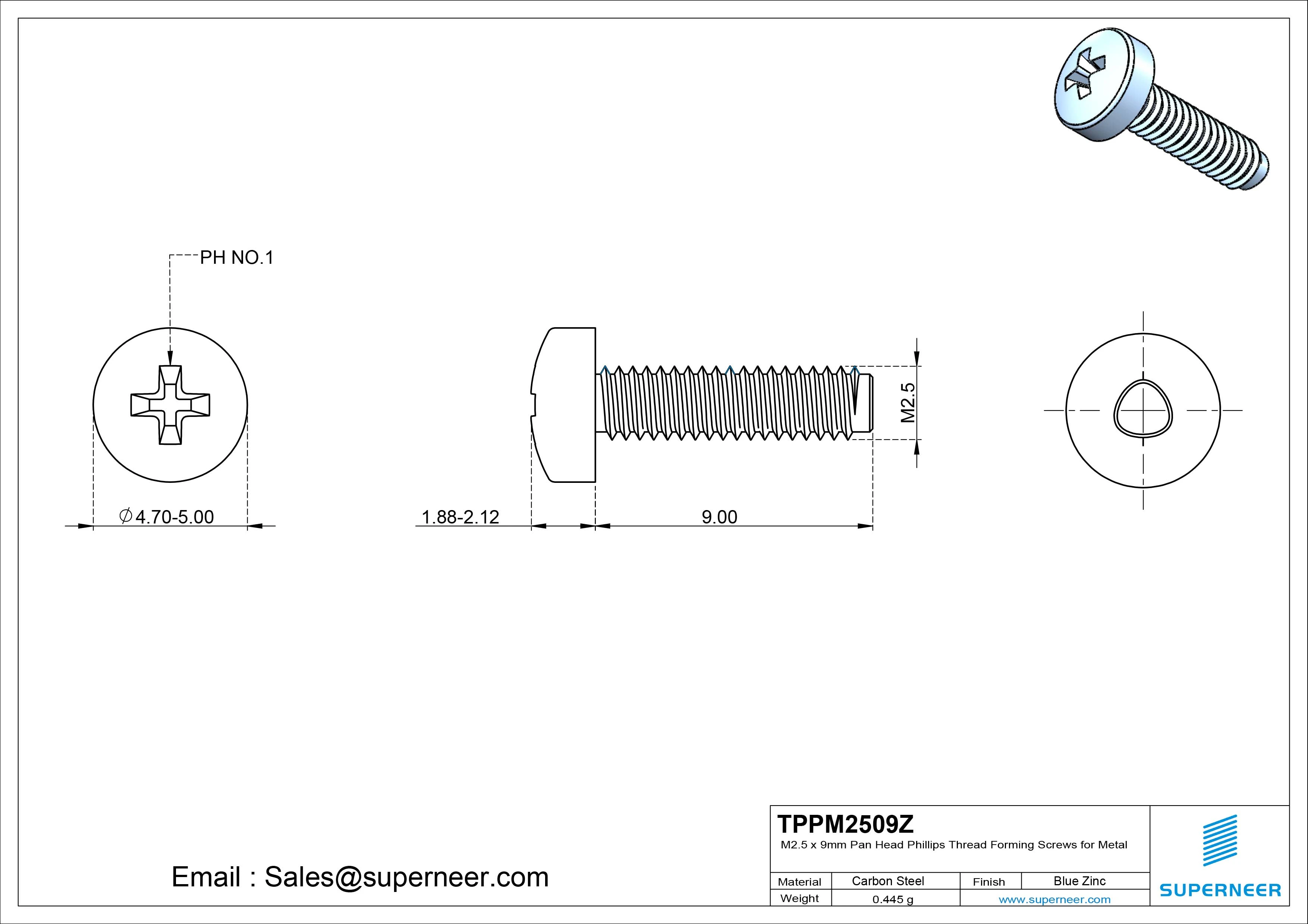 M2.5 × 9mm Pan Head Phillips Thread Forming Screws for Metal Steel Blue Zinc Plated