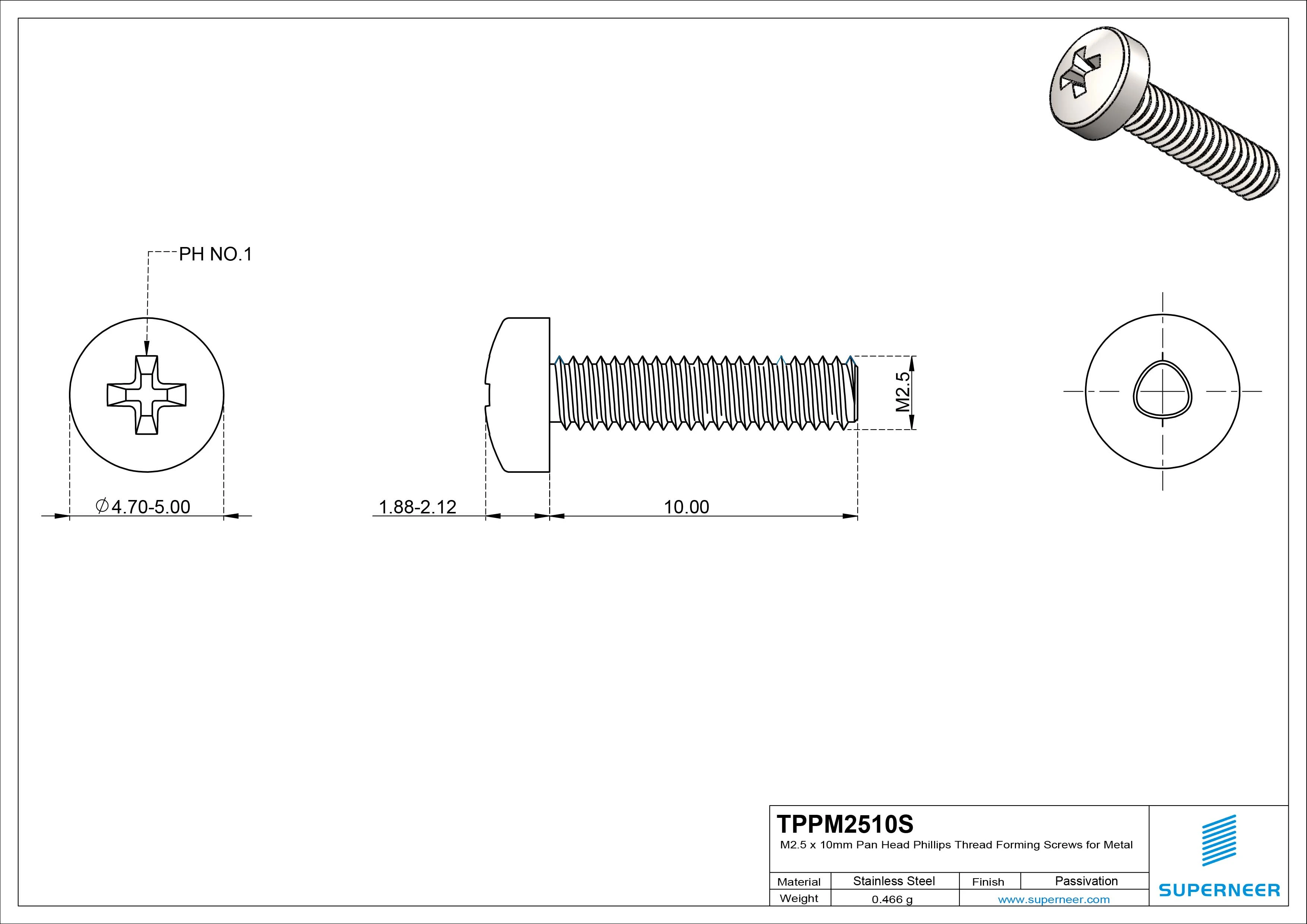 M2.5 × 10mm Pan Head Phillips Thread Forming Screws for Metal SUS304 Stainless Steel Inox