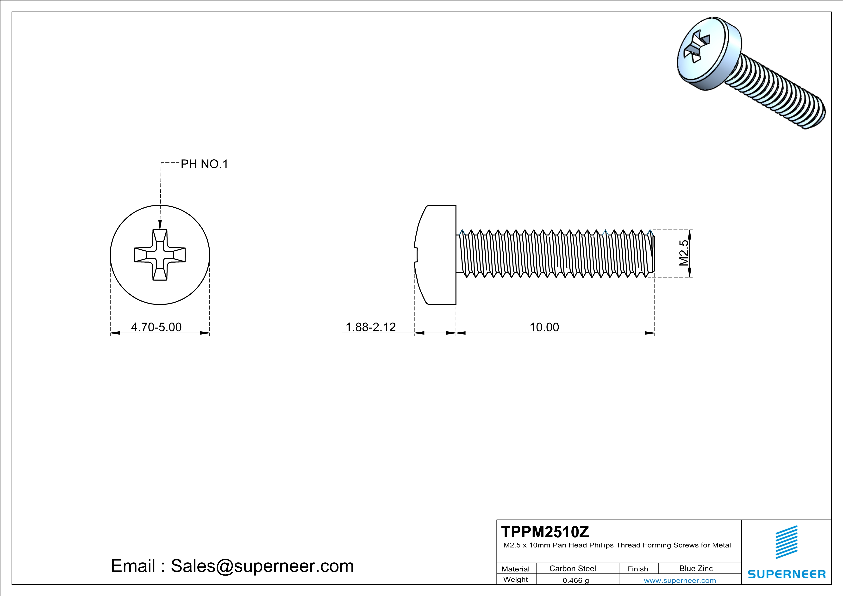 M2.5 × 10mm Pan Head Phillips Thread Forming Screws for Metal Steel Blue Zinc Plated