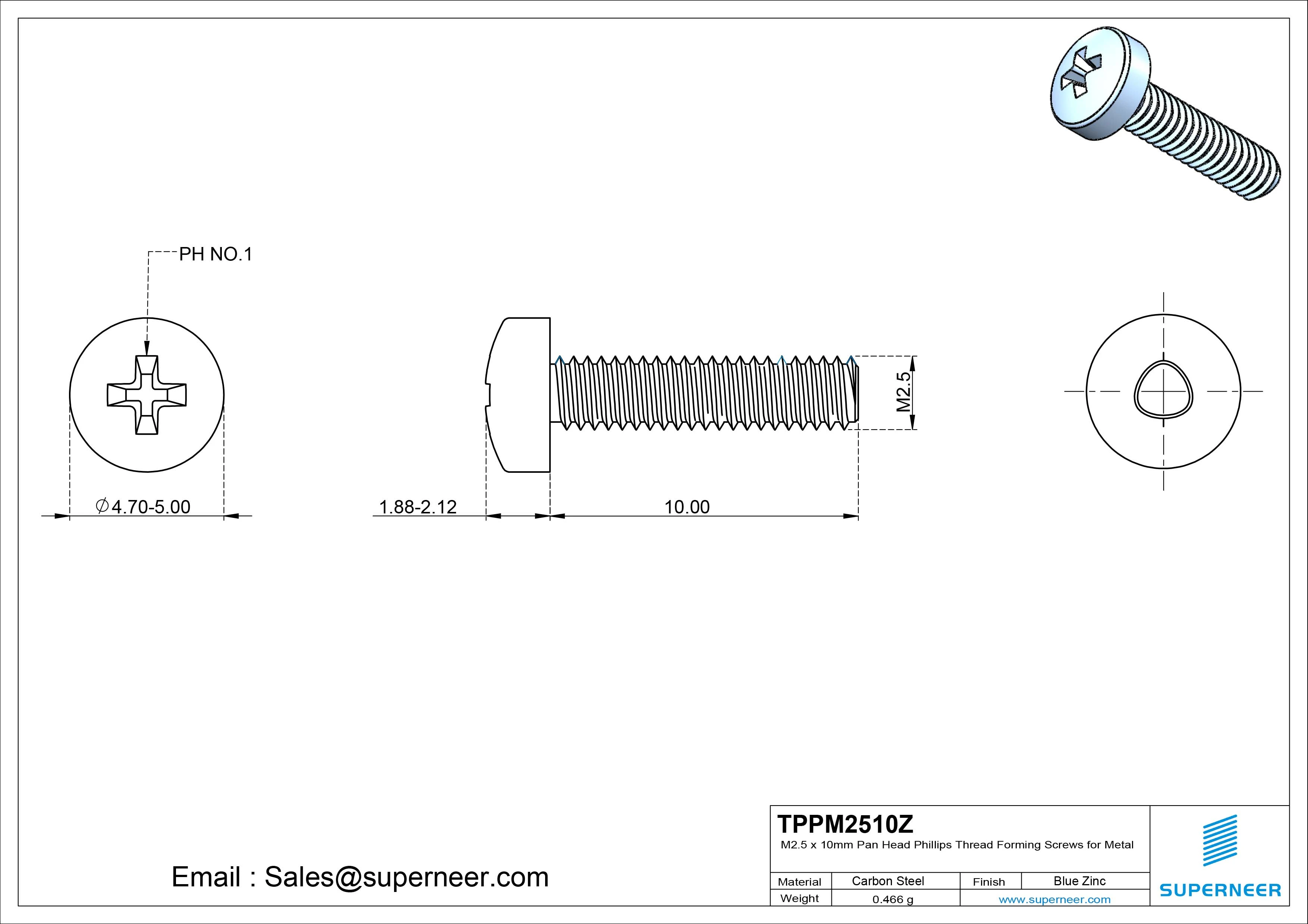 M2.5 × 10mm Pan Head Phillips Thread Forming Screws for Metal Steel Blue Zinc Plated