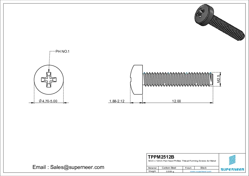 M2.5 × 12mm Pan Head Phillips Thread Forming Screws for Metal Steel Black