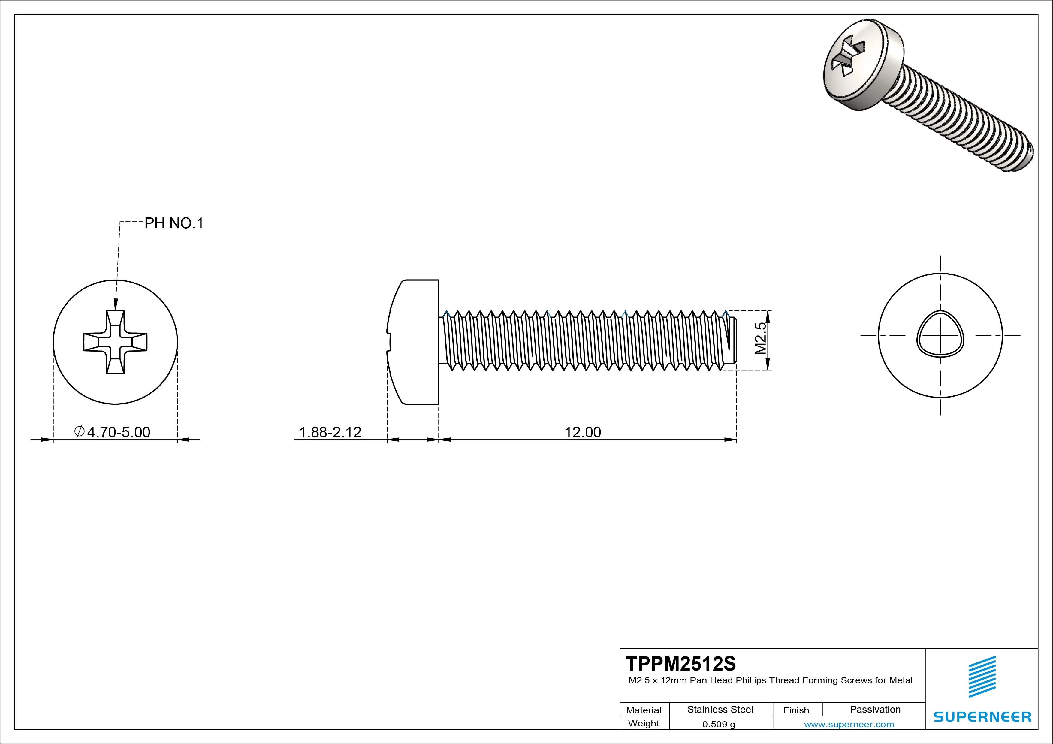 M2.5 × 12mm Pan Head Phillips Thread Forming Screws for Metal SUS304 Stainless Steel Inox