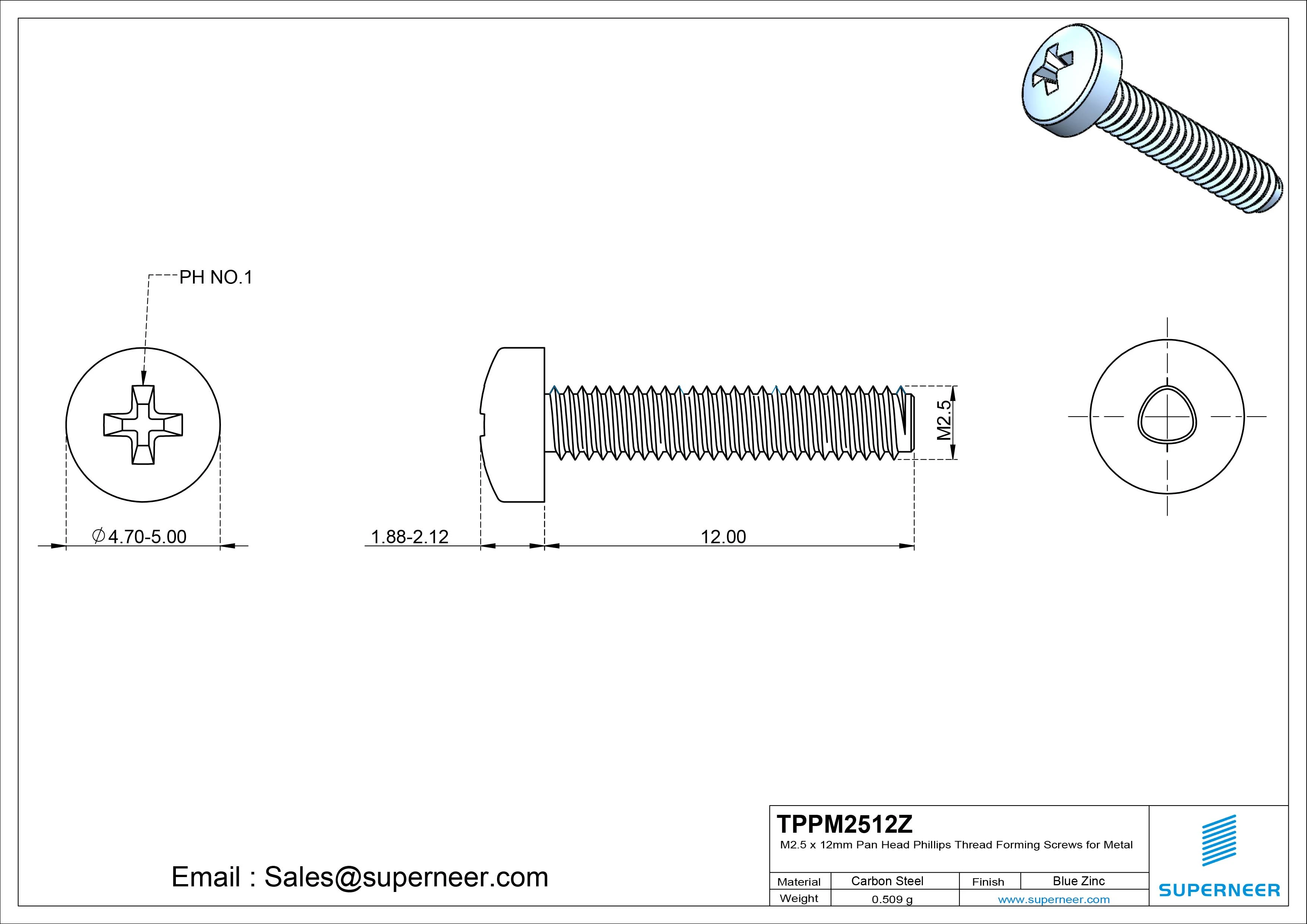 M2.5 × 12mm Pan Head Phillips Thread Forming Screws for Metal Steel Blue Zinc Plated