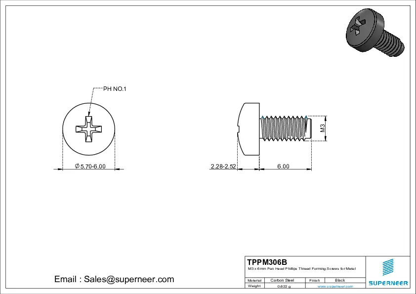 M3 × 6mm Pan Head Phillips Thread Forming Screws for Metal Steel Black