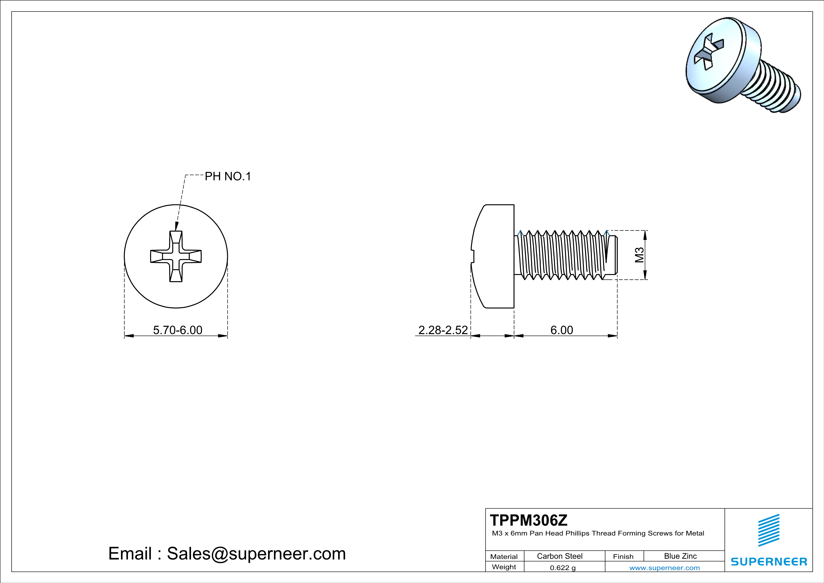 M3 × 6mm Pan Head Phillips Thread Forming Screws for Metal Steel Blue Zinc Plated