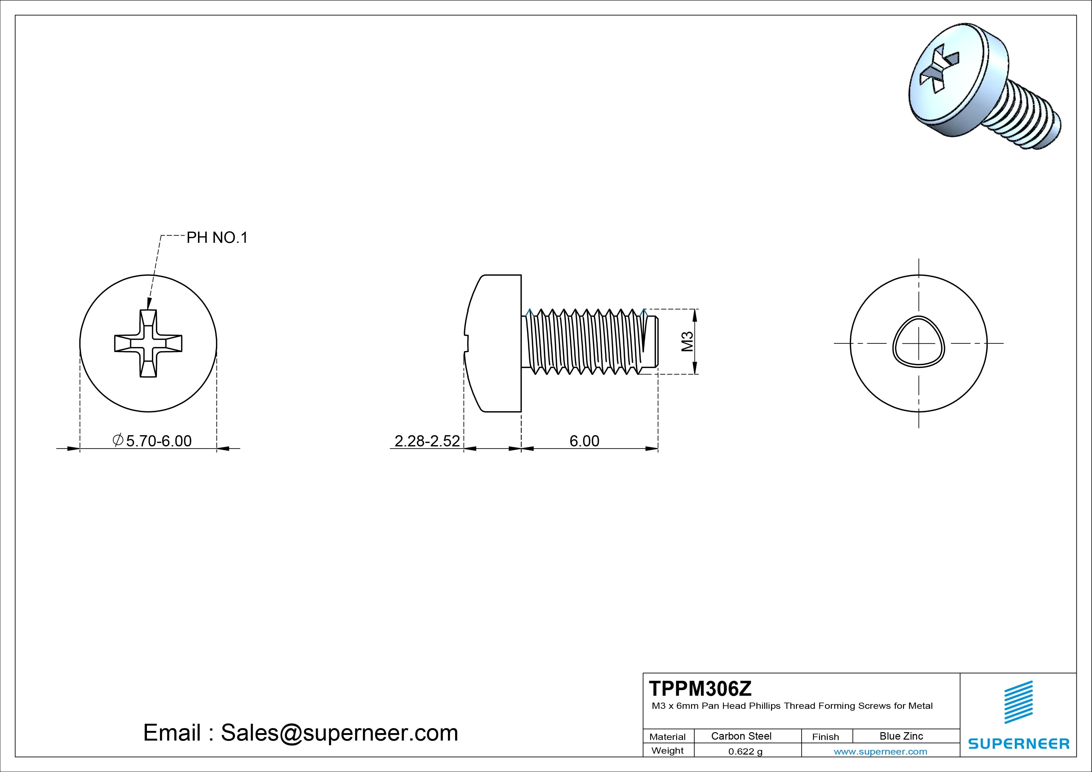 M3 × 6mm Pan Head Phillips Thread Forming Screws for Metal Steel Blue Zinc Plated