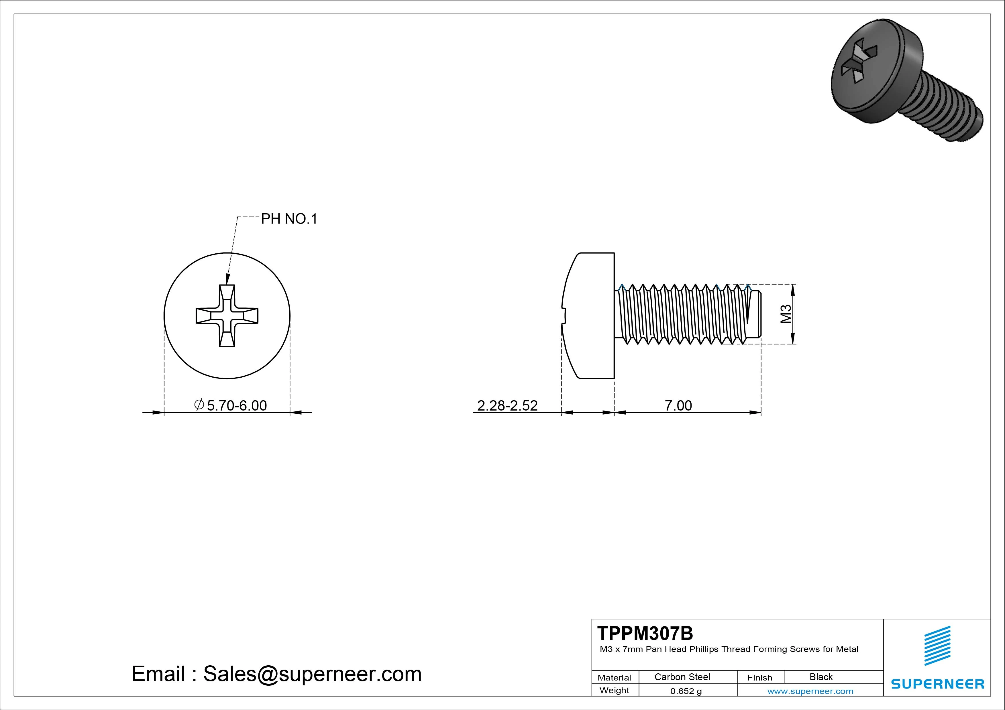 M3 × 7mm Pan Head Phillips Thread Forming Screws for Metal Steel Black