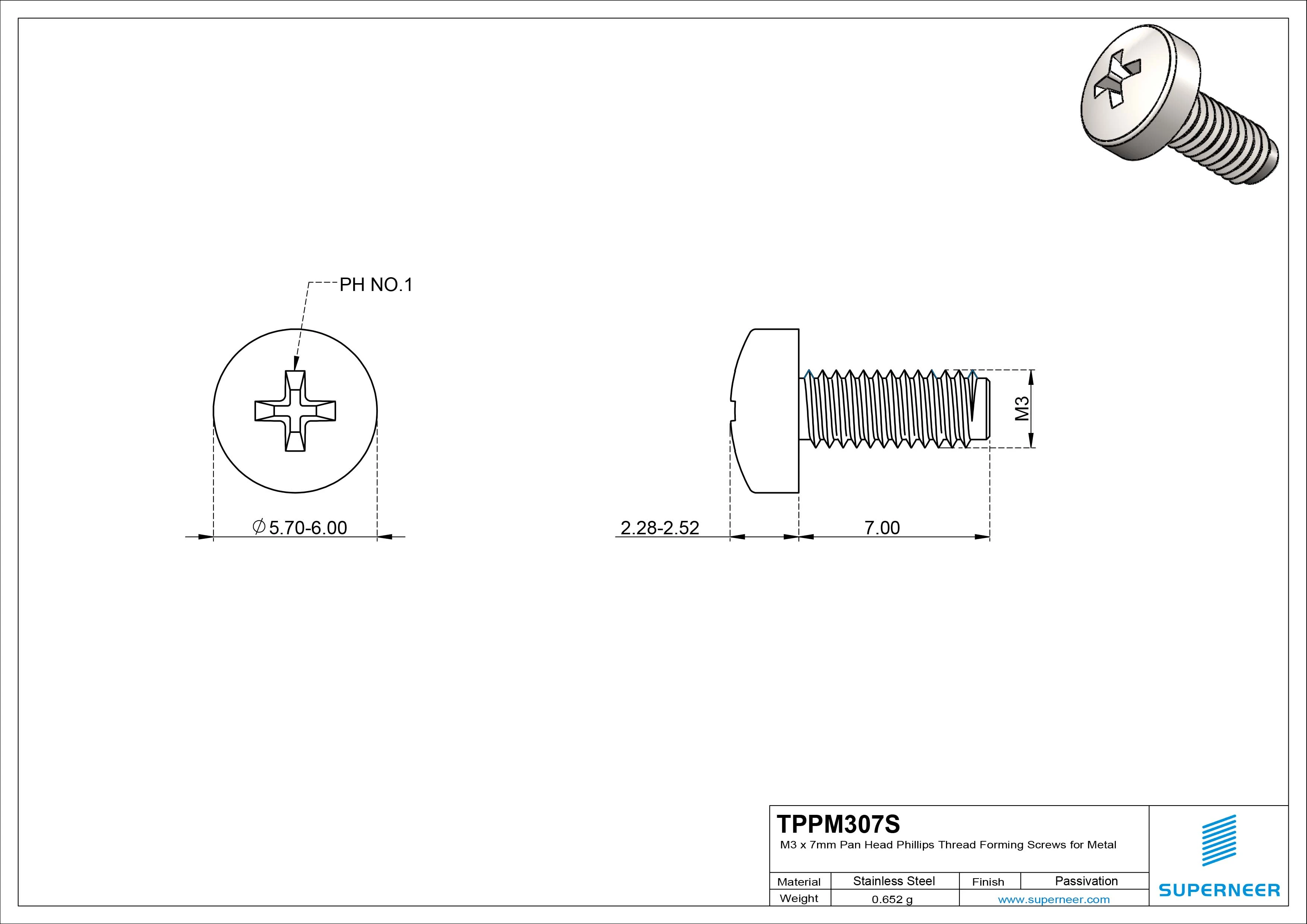 M3 × 7mm Pan Head Phillips Thread Forming Screws for Metal SUS304 Stainless Steel Inox