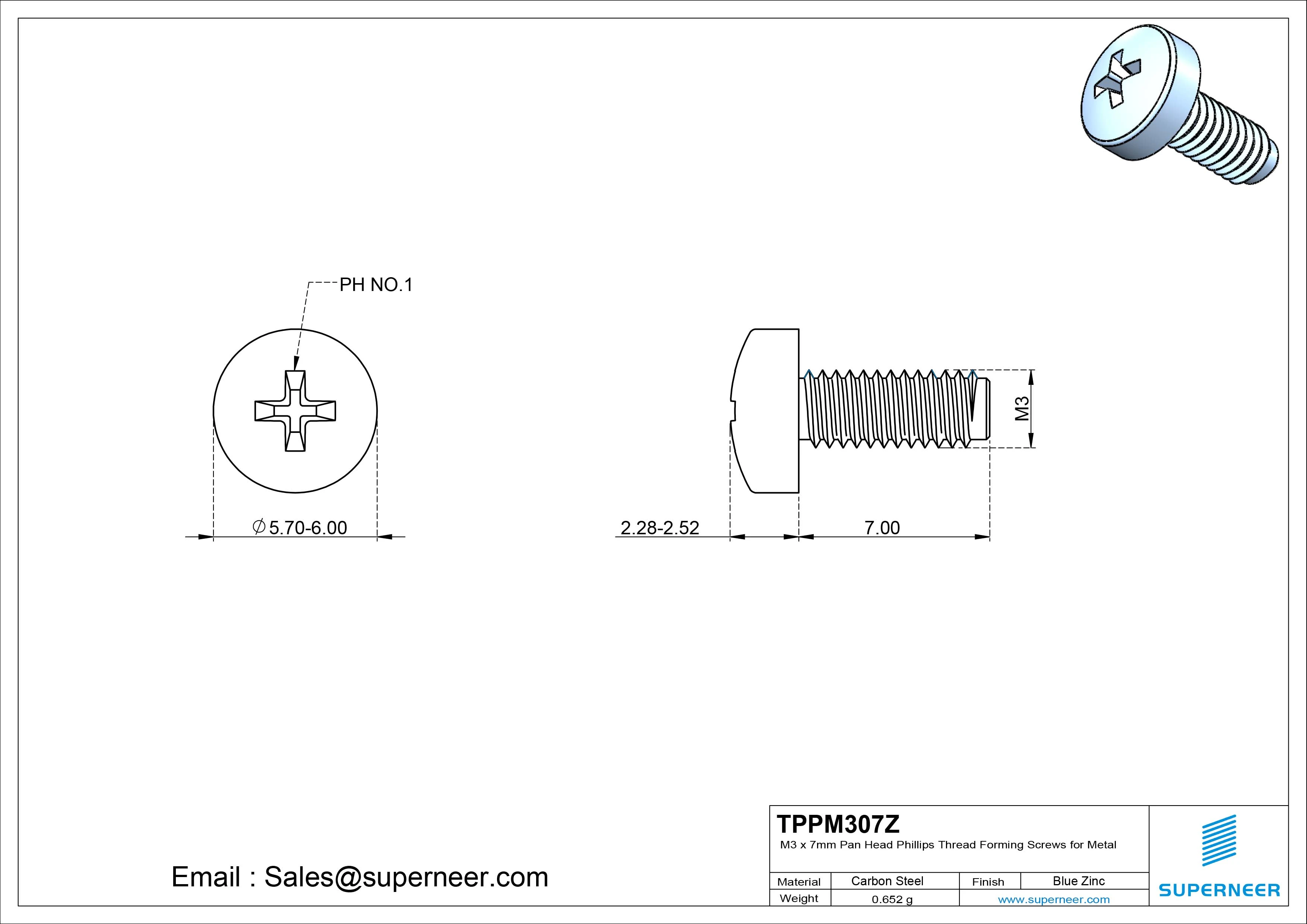 M3 × 7mm Pan Head Phillips Thread Forming Screws for Metal Steel Blue Zinc Plated