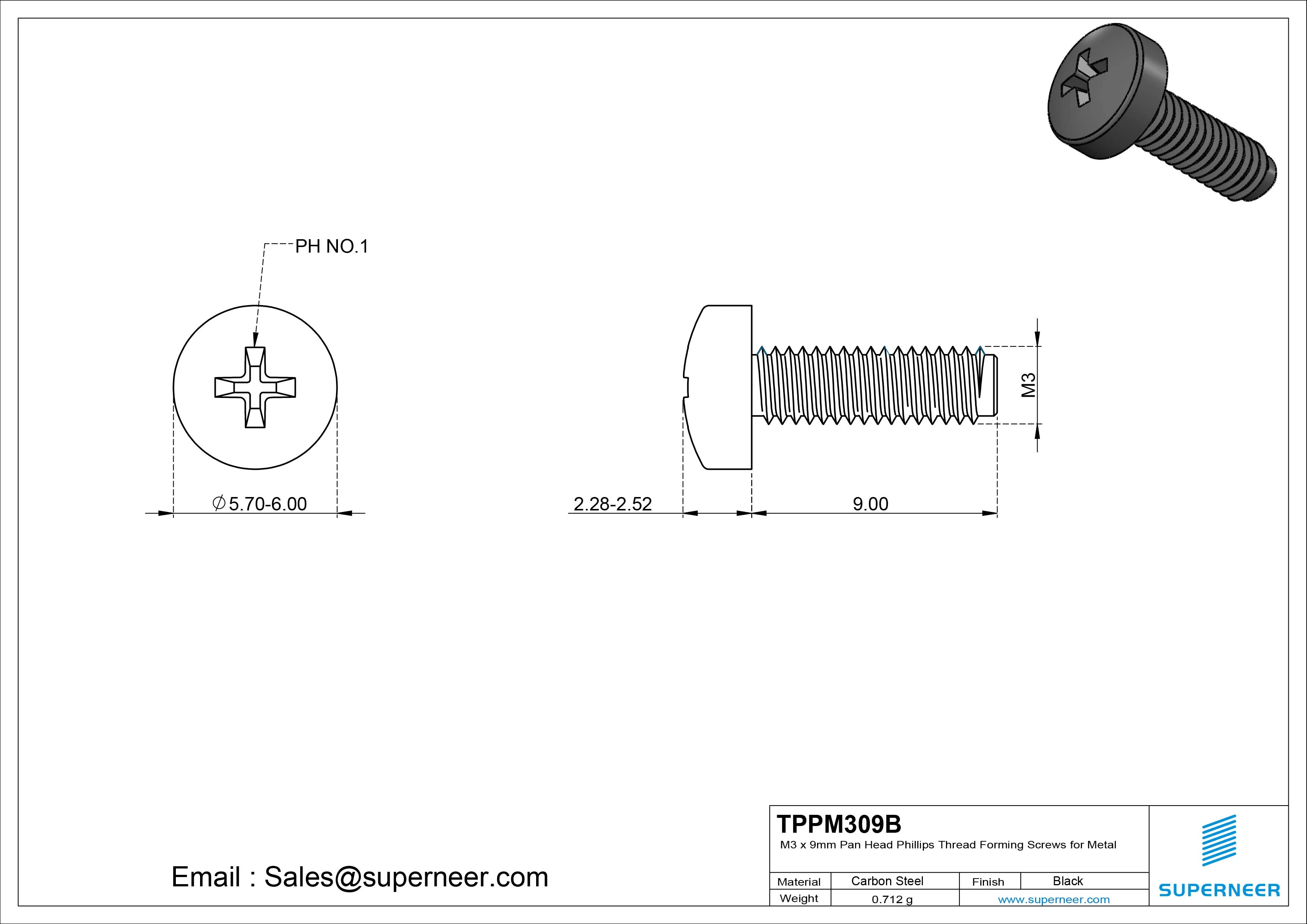 M3 × 9mm Pan Head Phillips Thread Forming Screws for Metal Steel Black