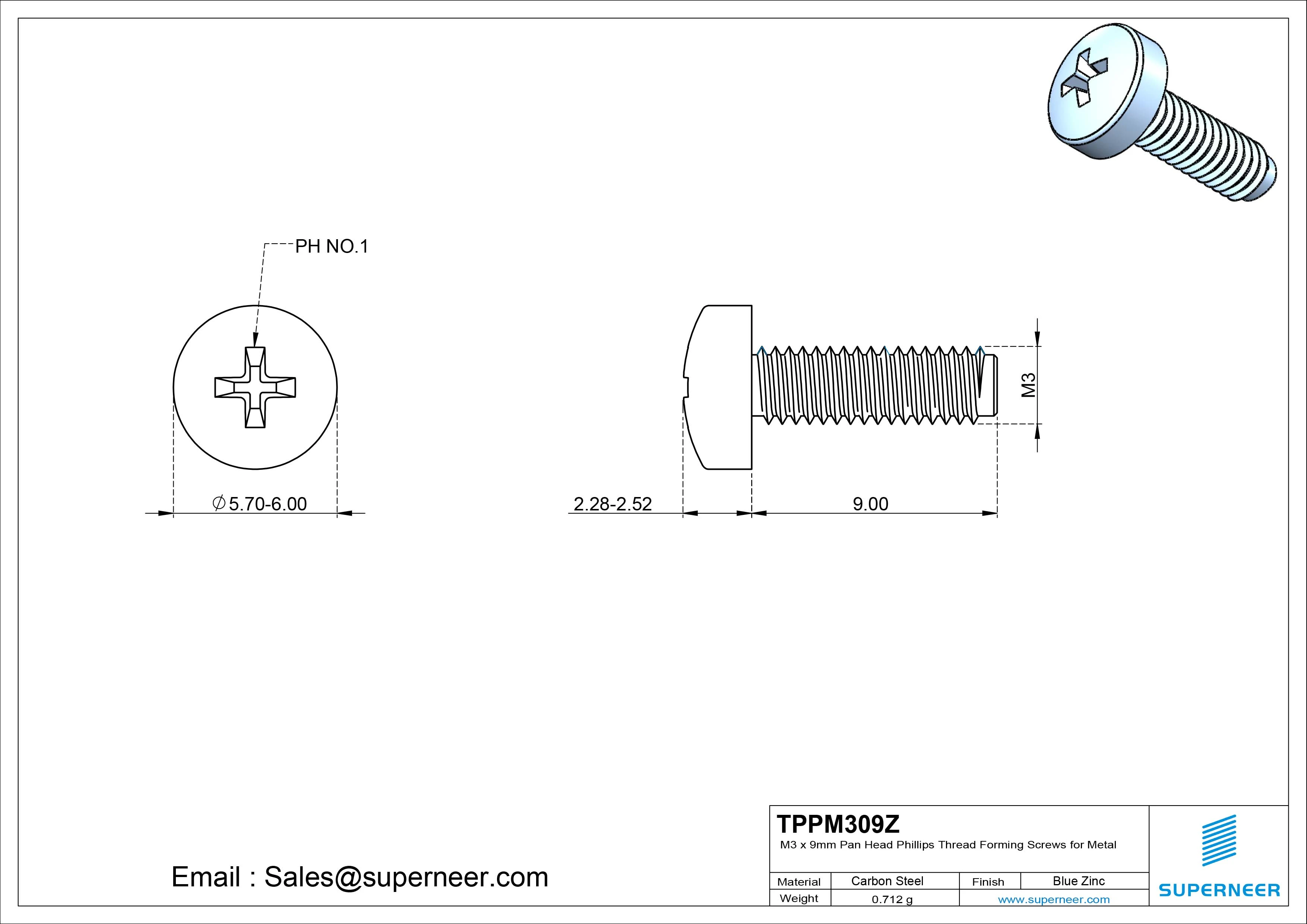 M3 × 9mm Pan Head Phillips Thread Forming Screws for Metal Steel Blue Zinc Plated