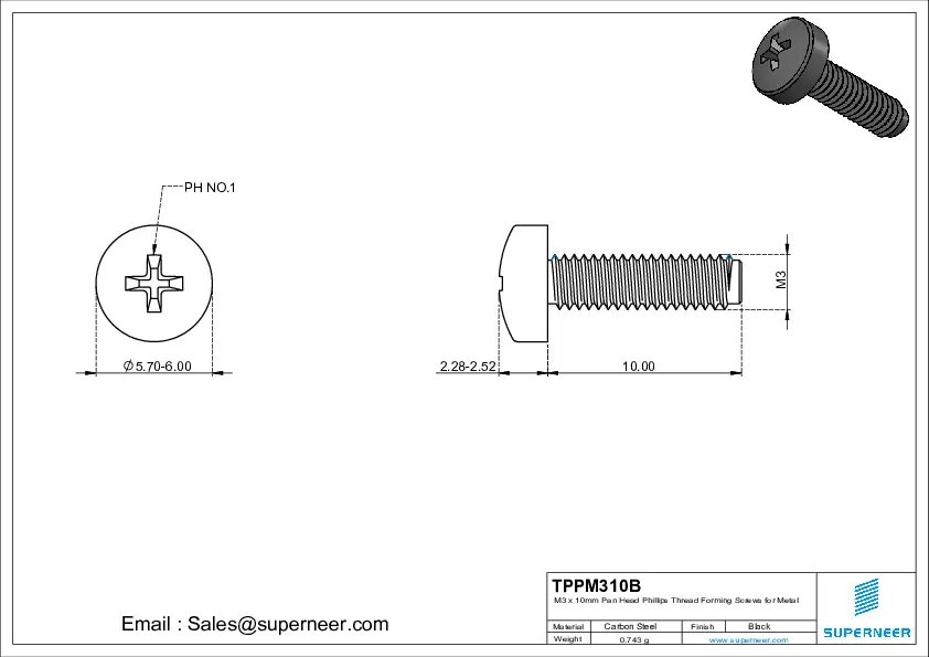 M3 × 10mm Pan Head Phillips Thread Forming Screws for Metal Steel Black