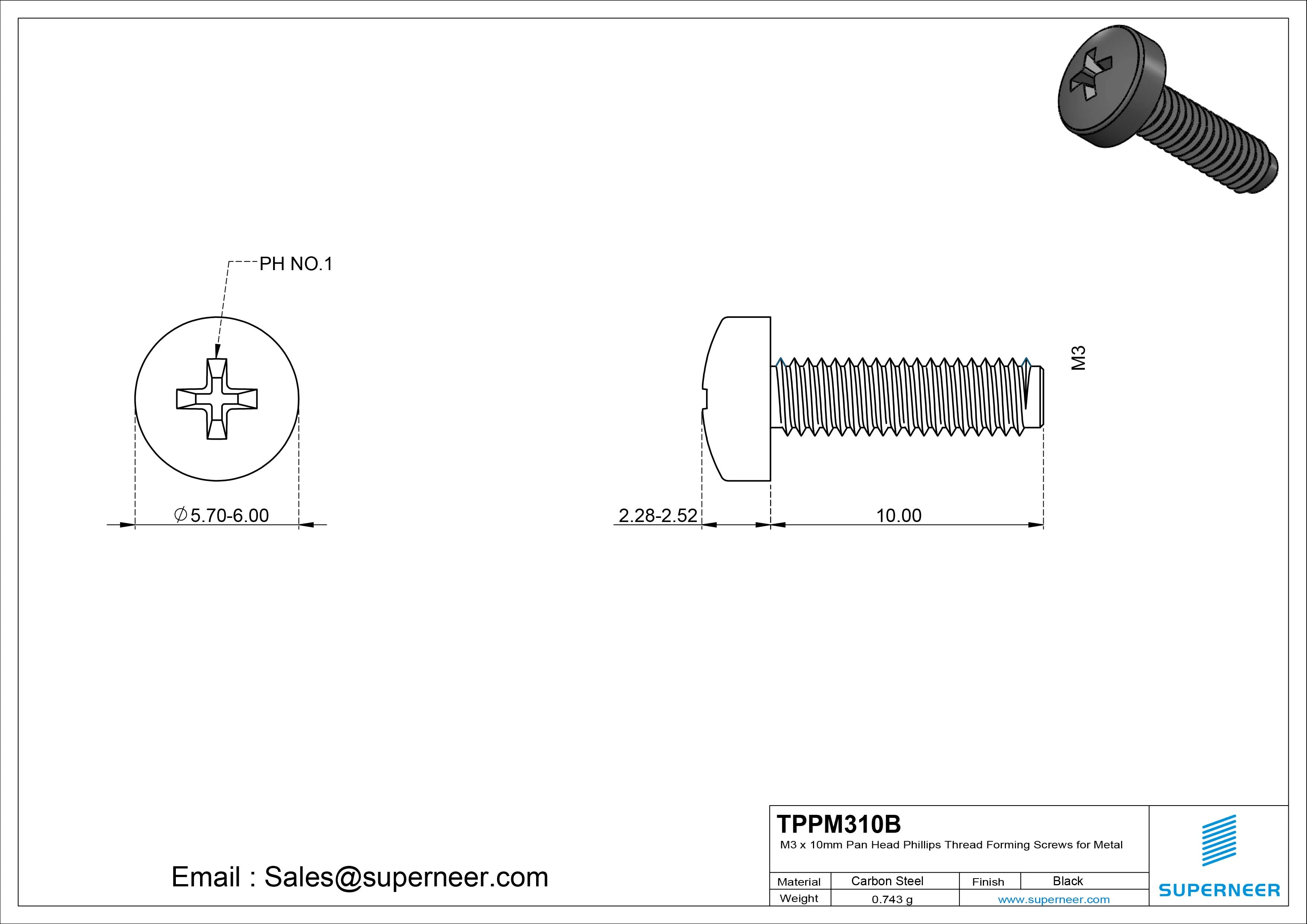 M3 × 10mm Pan Head Phillips Thread Forming Screws for Metal Steel Black