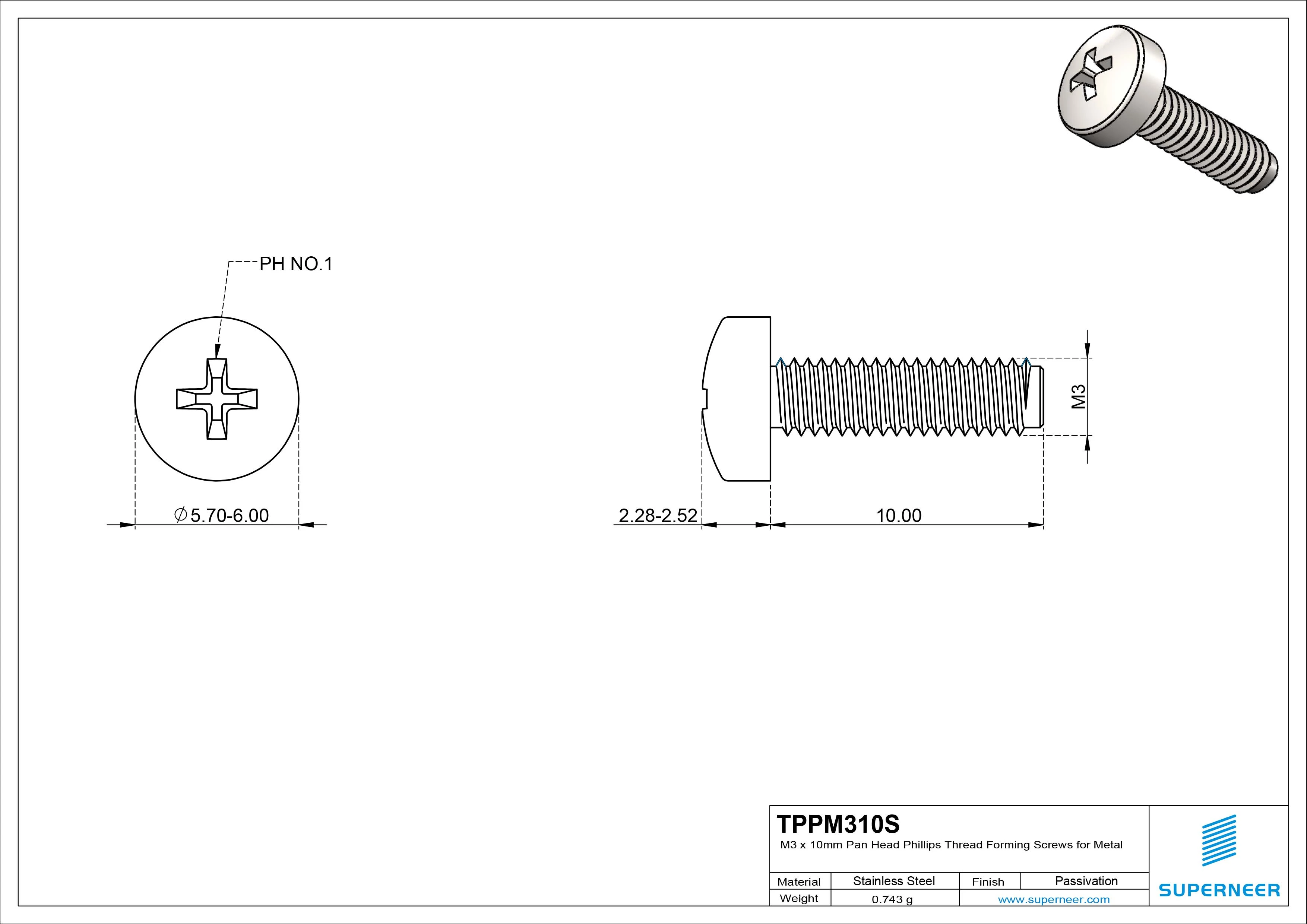 M3 × 10mm Pan Head Phillips Thread Forming Screws for Metal SUS304 Stainless Steel Inox