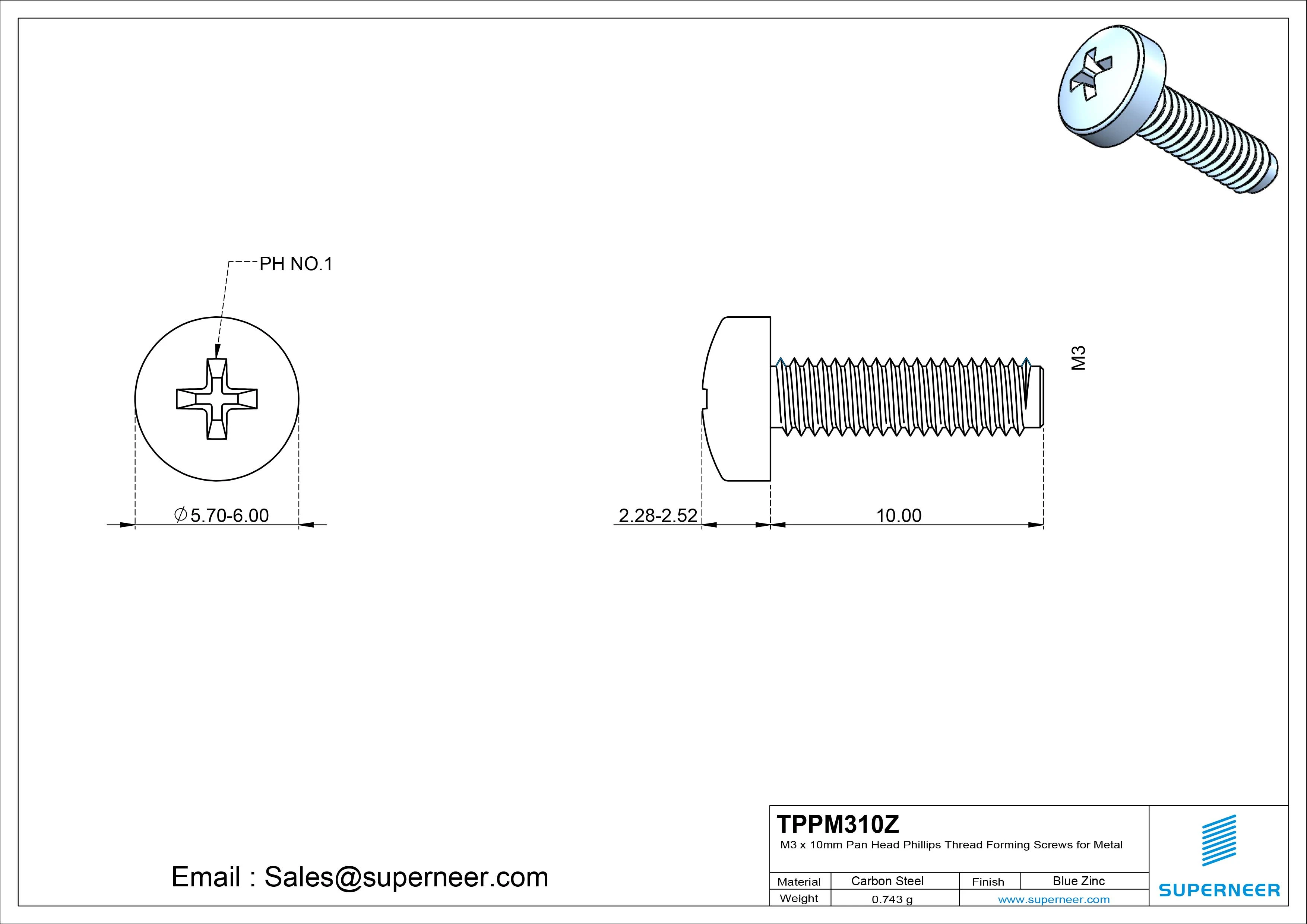 M3 × 10mm Pan Head Phillips Thread Forming Screws for Metal Steel Blue Zinc Plated