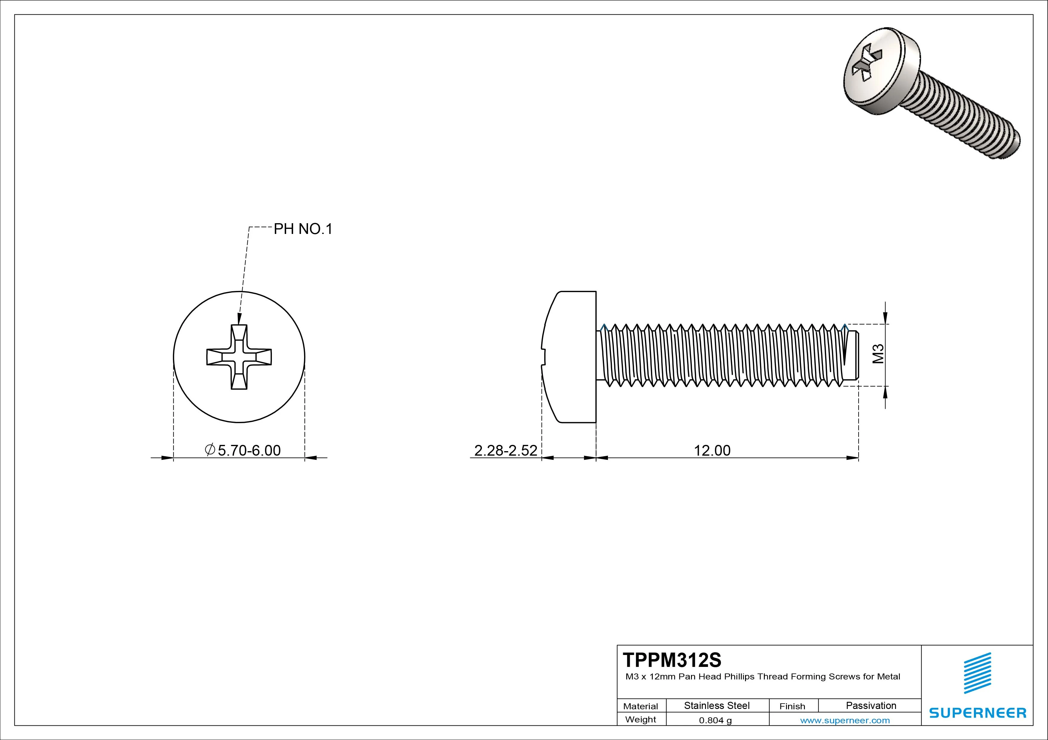 M3 × 12mm Pan Head Phillips Thread Forming Screws for Metal SUS304 Stainless Steel Inox