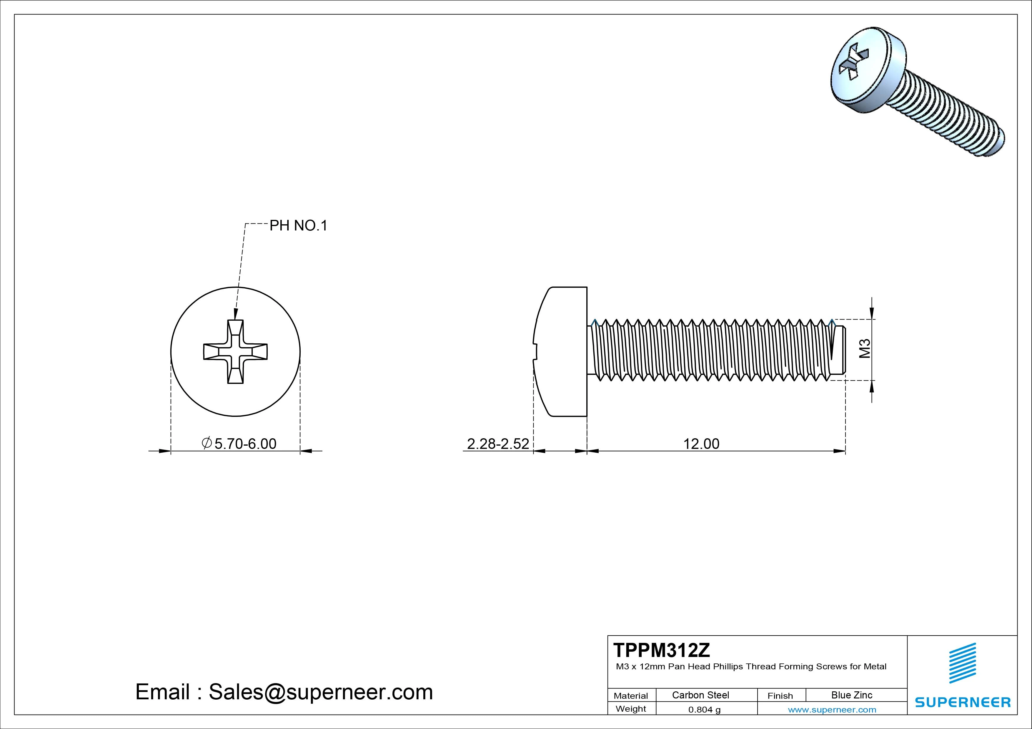 M3 × 12mm Pan Head Phillips Thread Forming Screws for Metal Steel Blue Zinc Plated