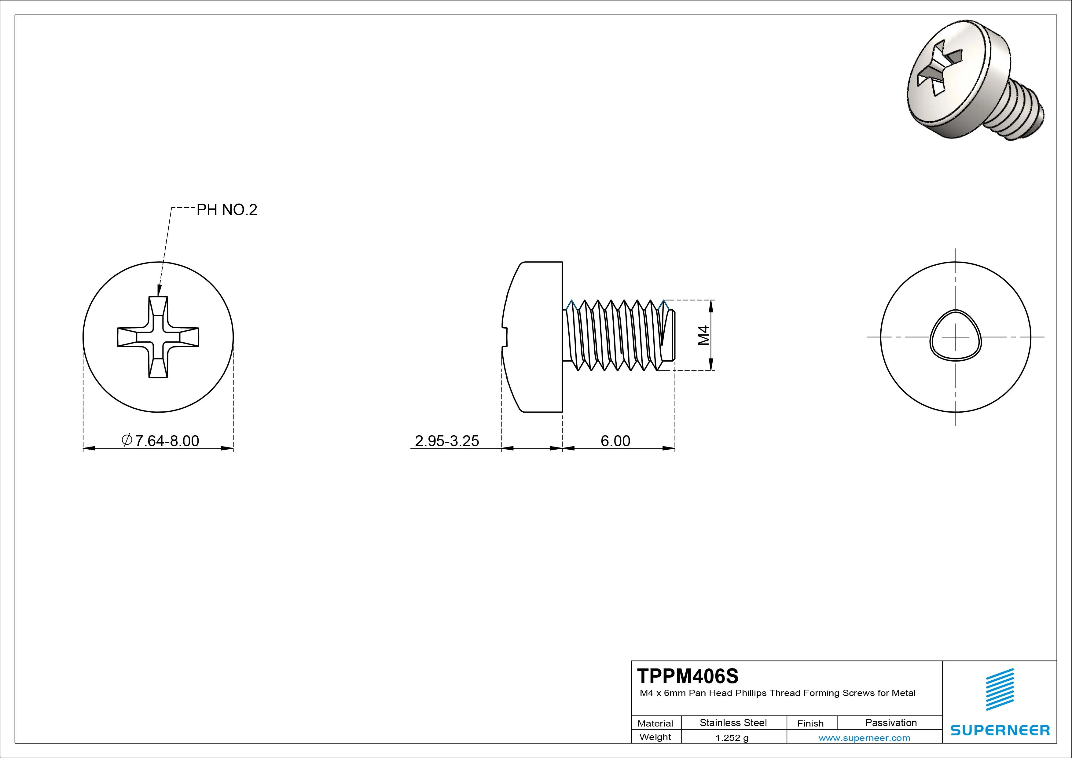 M4 × 6mm Pan Head Phillips Thread Forming Screws for Metal SUS304 Stainless Steel Inox