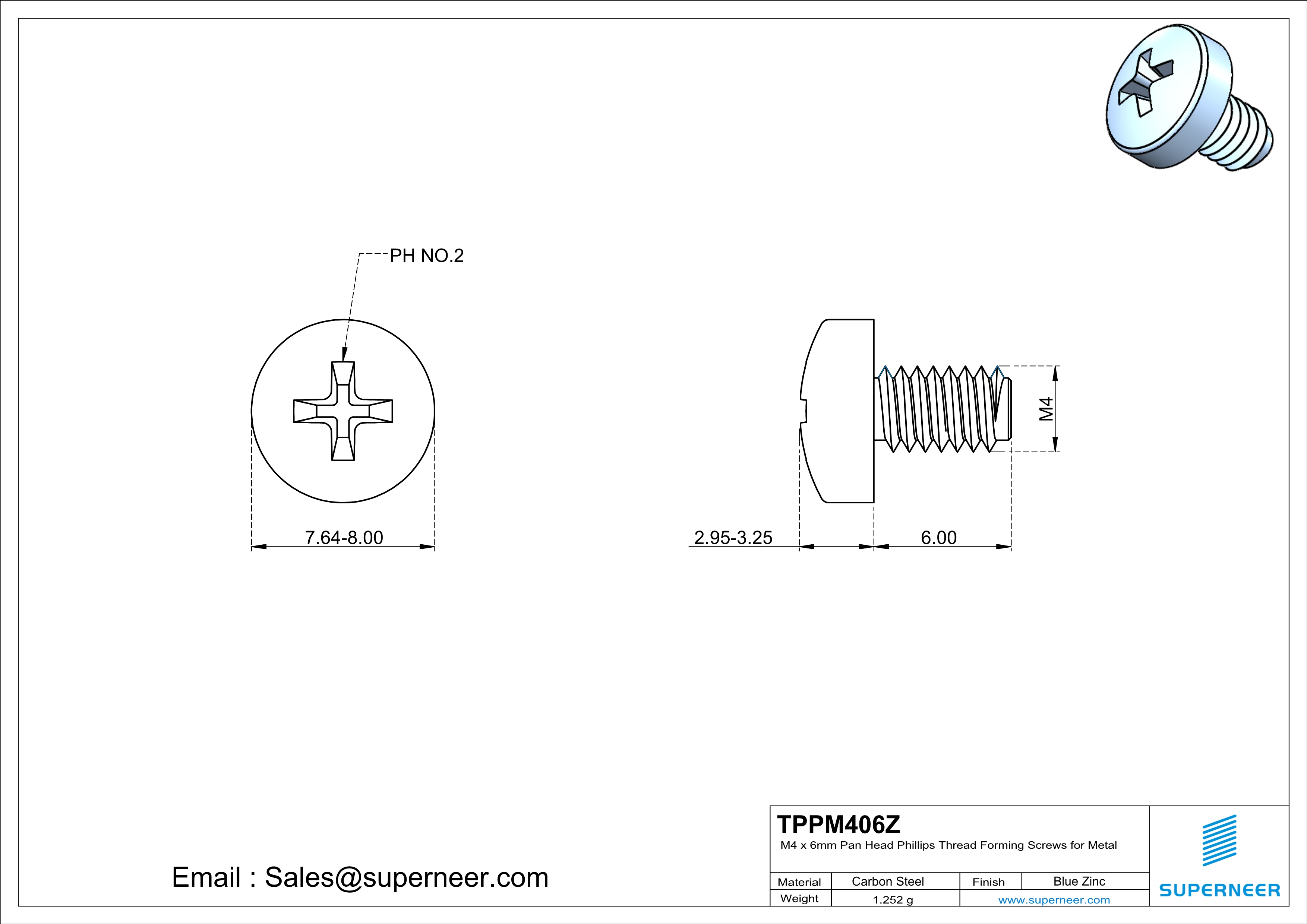 M4 × 6mm Pan Head Phillips Thread Forming Screws for Metal Steel Blue Zinc Plated