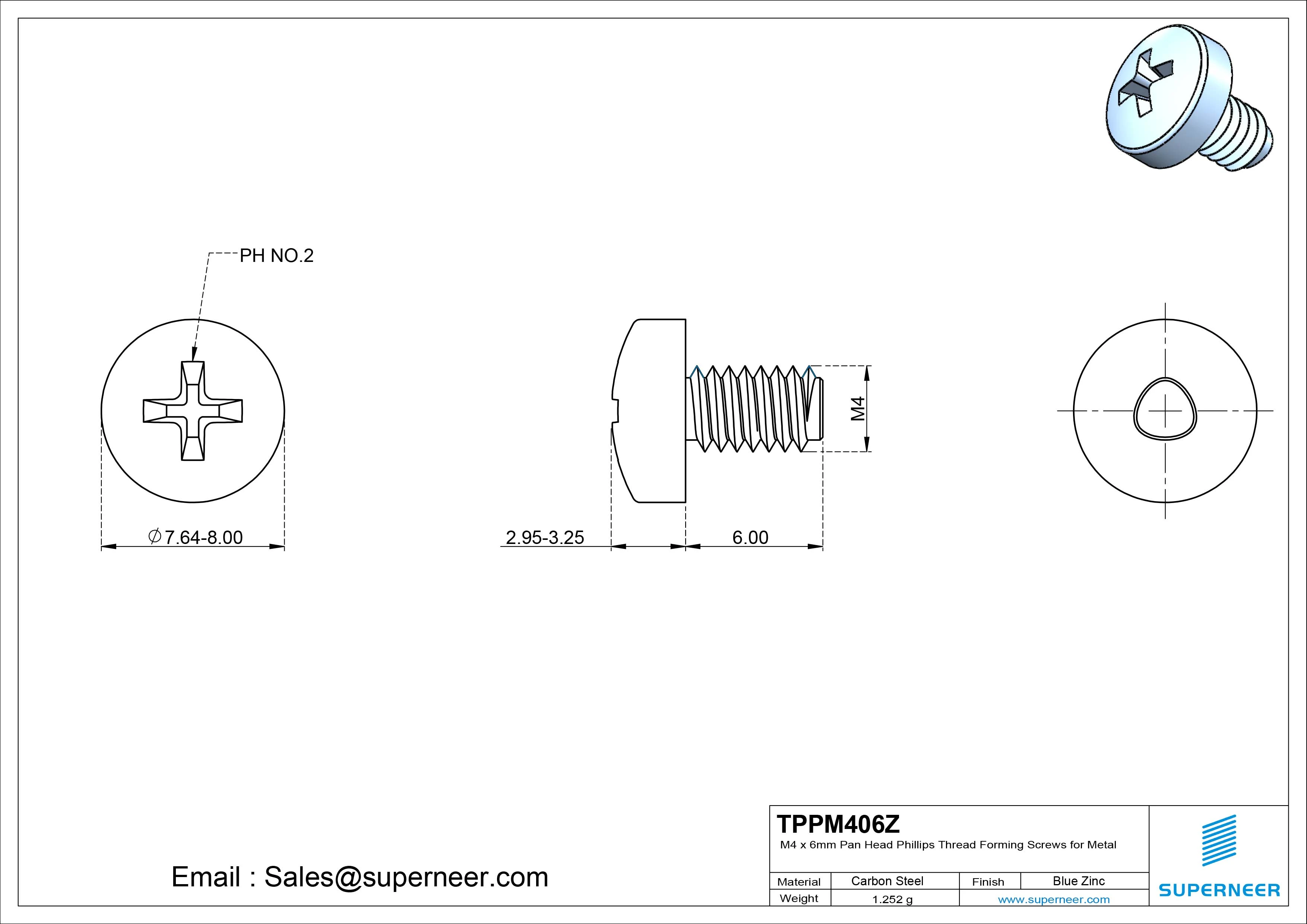 M4 × 6mm Pan Head Phillips Thread Forming Screws for Metal Steel Blue Zinc Plated