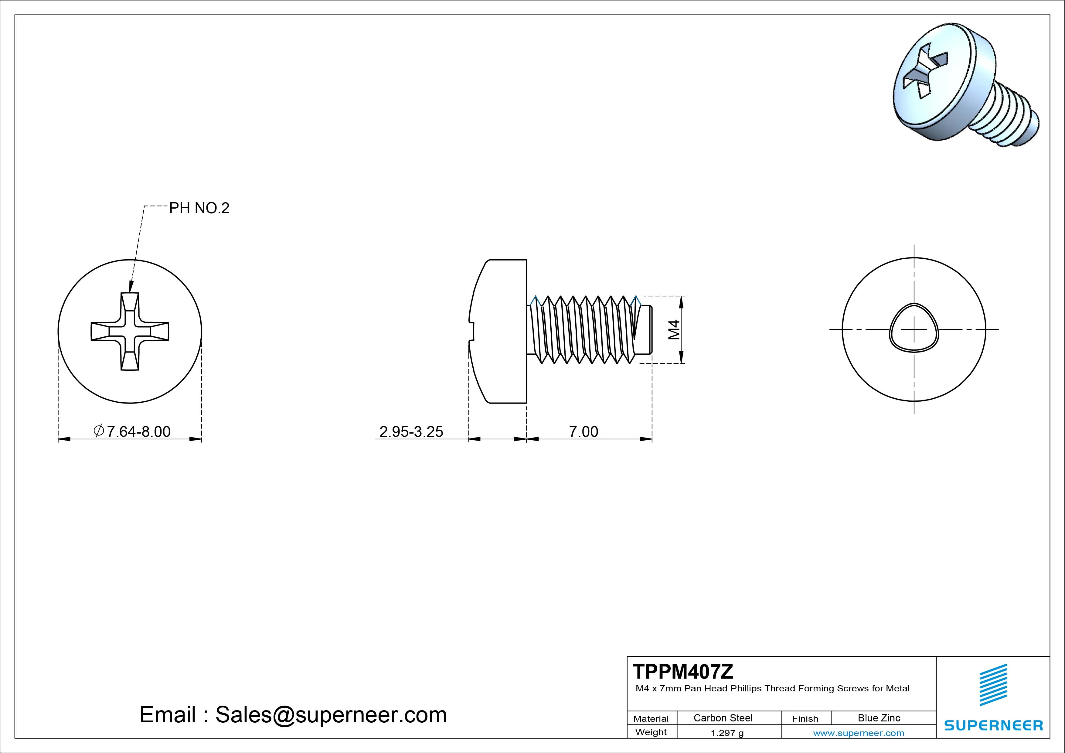 M4 × 7mm Pan Head Phillips Thread Forming Screws for Metal Steel Blue Zinc Plated