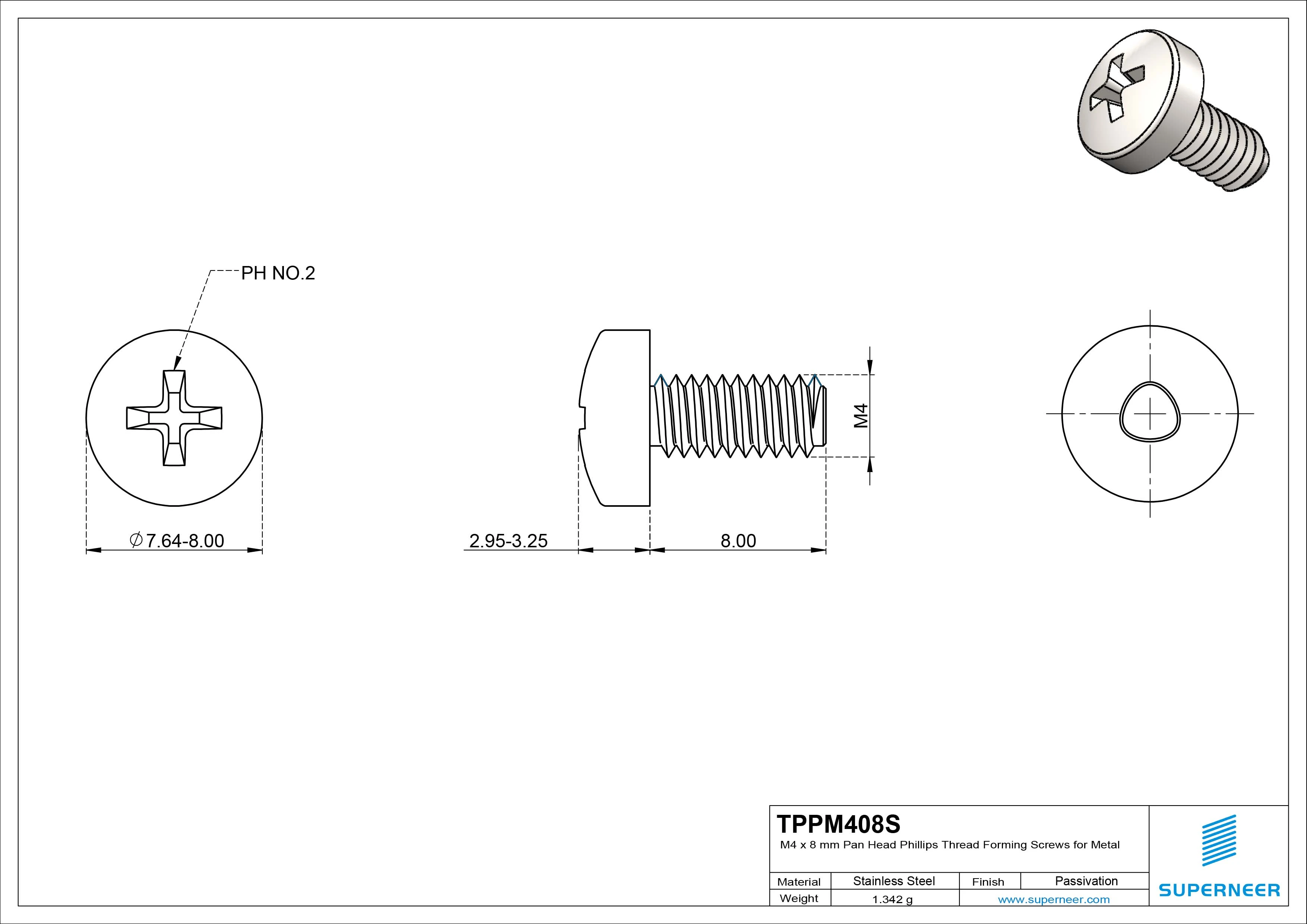 M4 × 8mm Pan Head Phillips Thread Forming Screws for Metal SUS304 Stainless Steel Inox