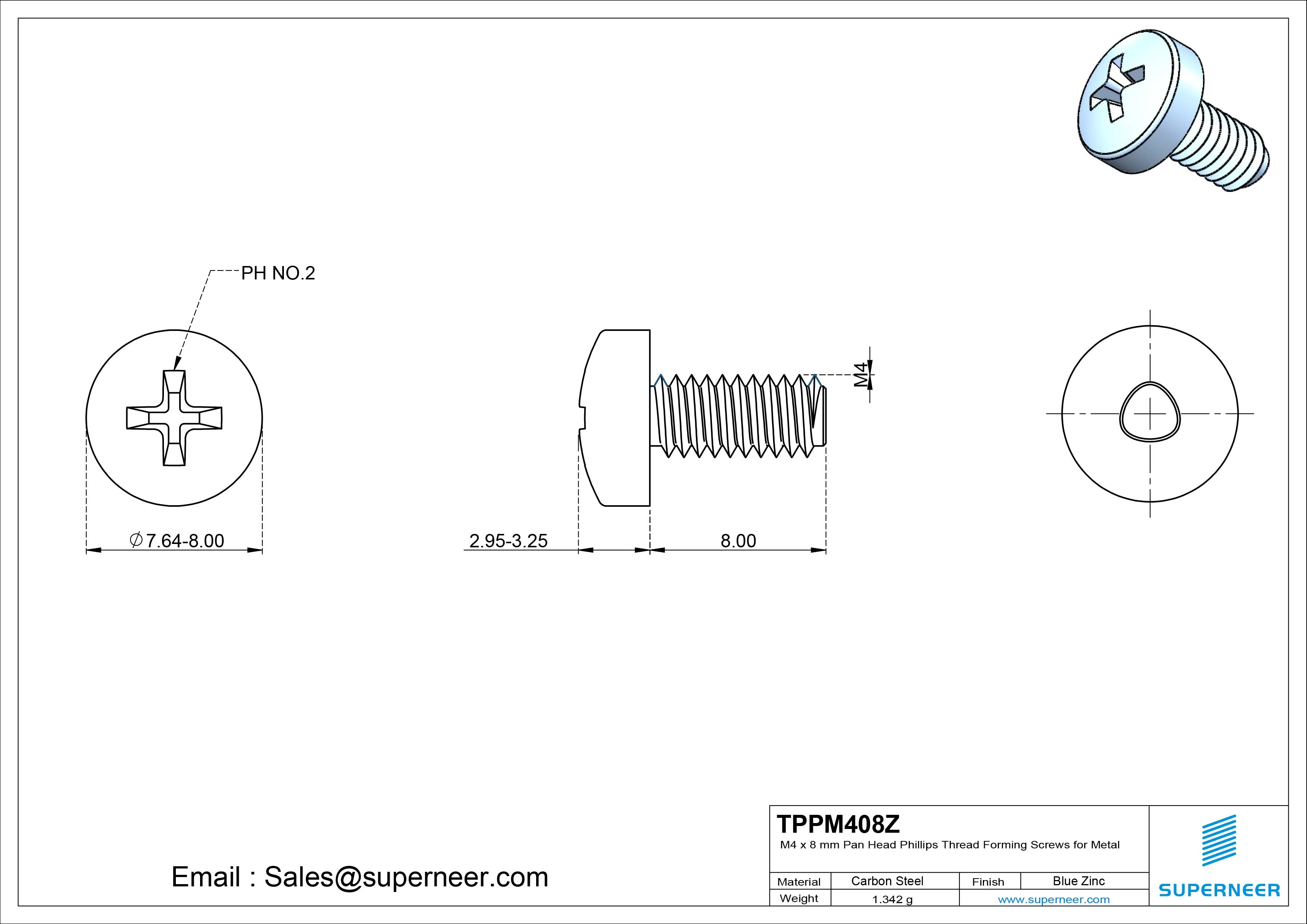 M4 × 8mm Pan Head Phillips Thread Forming Screws for Metal Steel Blue Zinc Plated