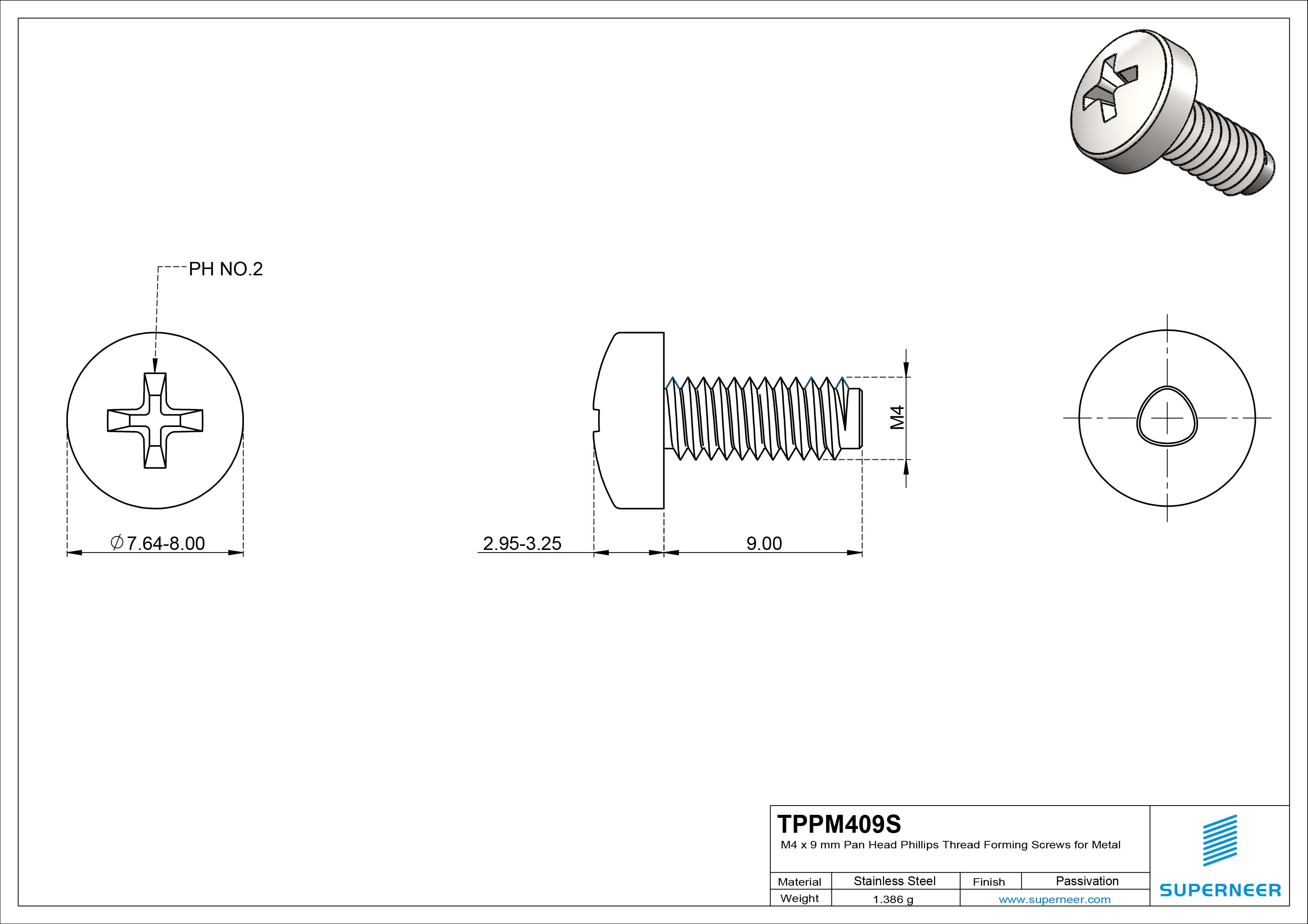 M4 × 9mm Pan Head Phillips Thread Forming Screws for Metal SUS304 Stainless Steel Inox