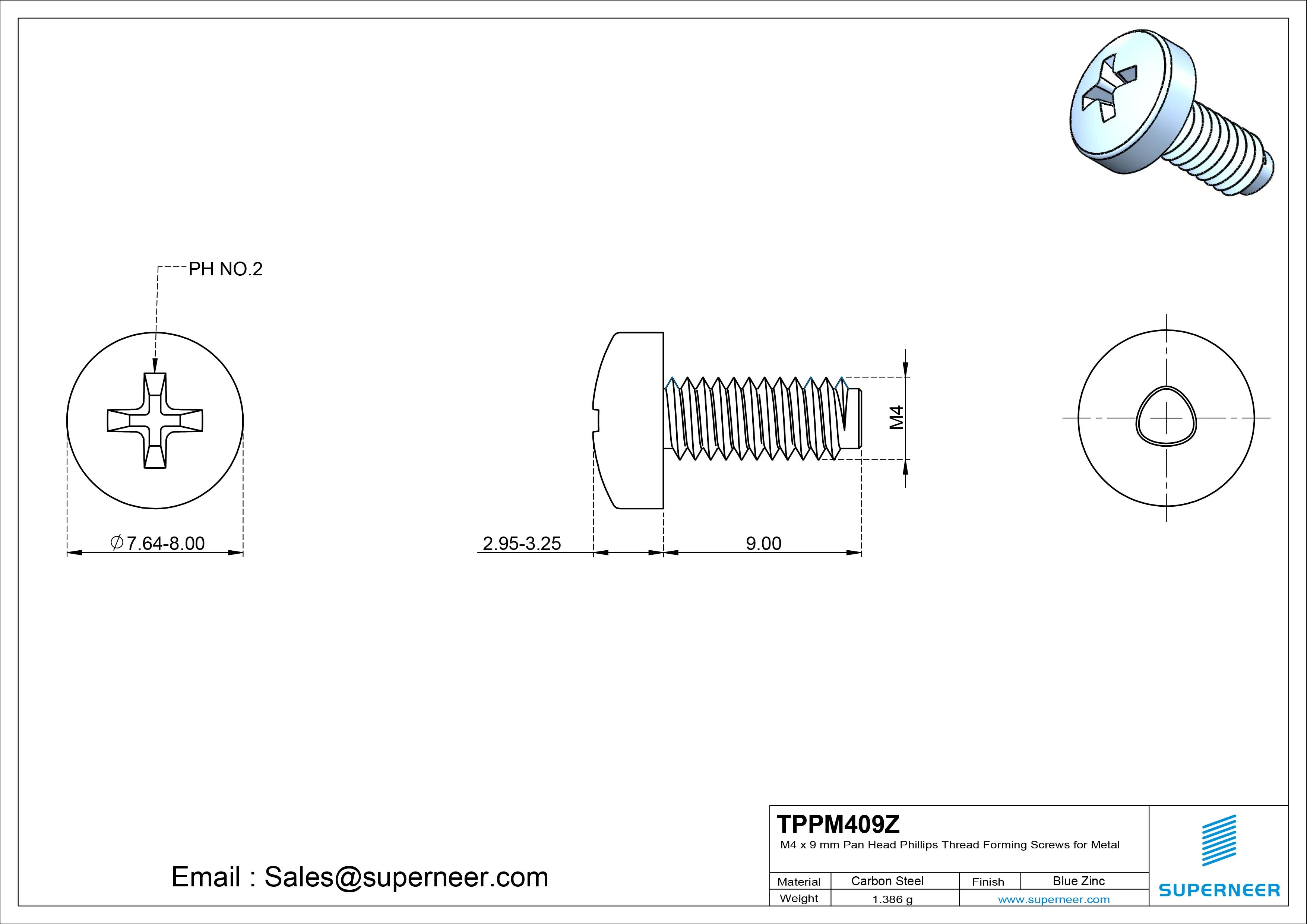 M4 × 9mm Pan Head Phillips Thread Forming Screws for Metal Steel Blue Zinc Plated