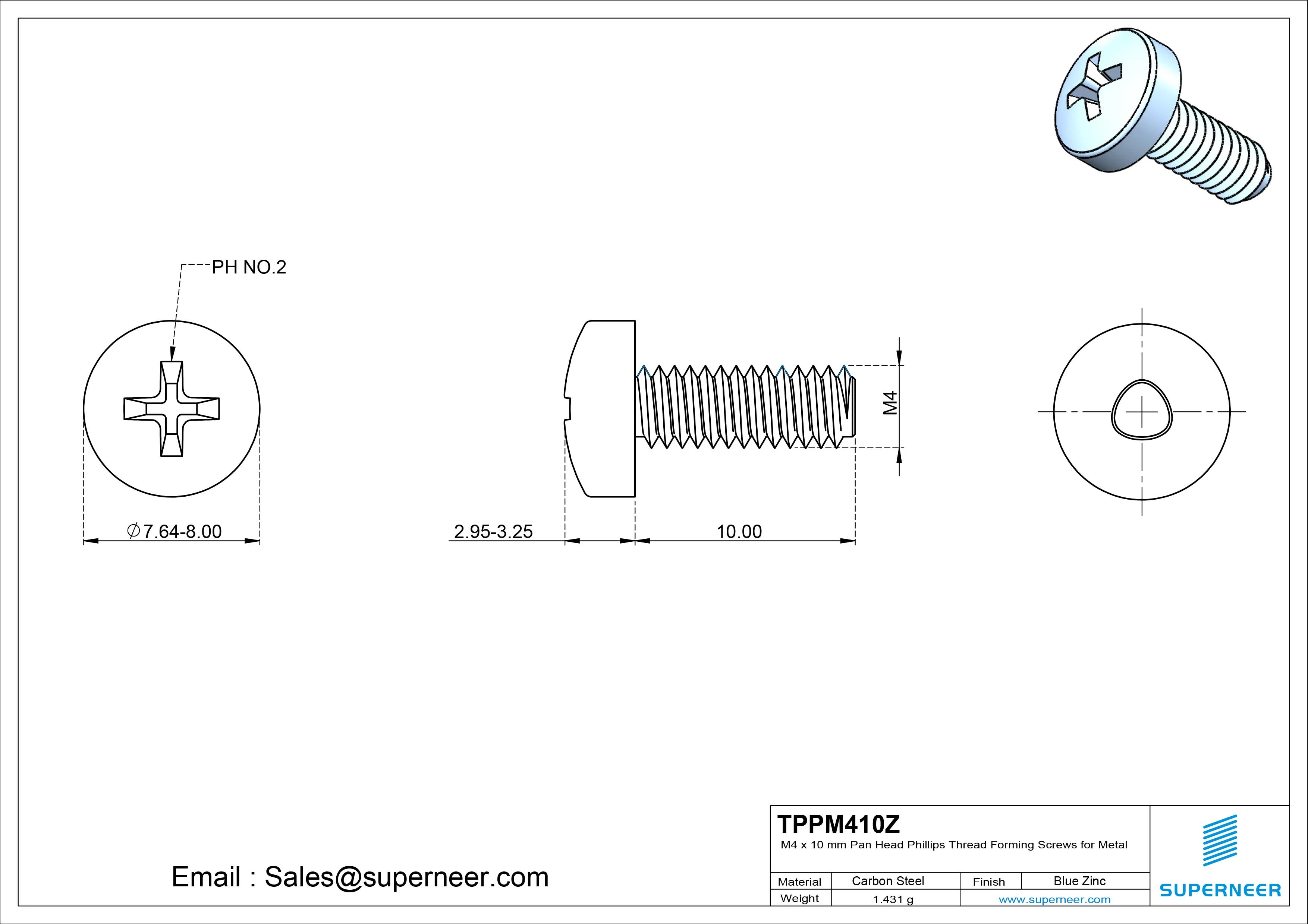 M4 × 10mm Pan Head Phillips Thread Forming Screws for Metal Steel Blue Zinc Plated