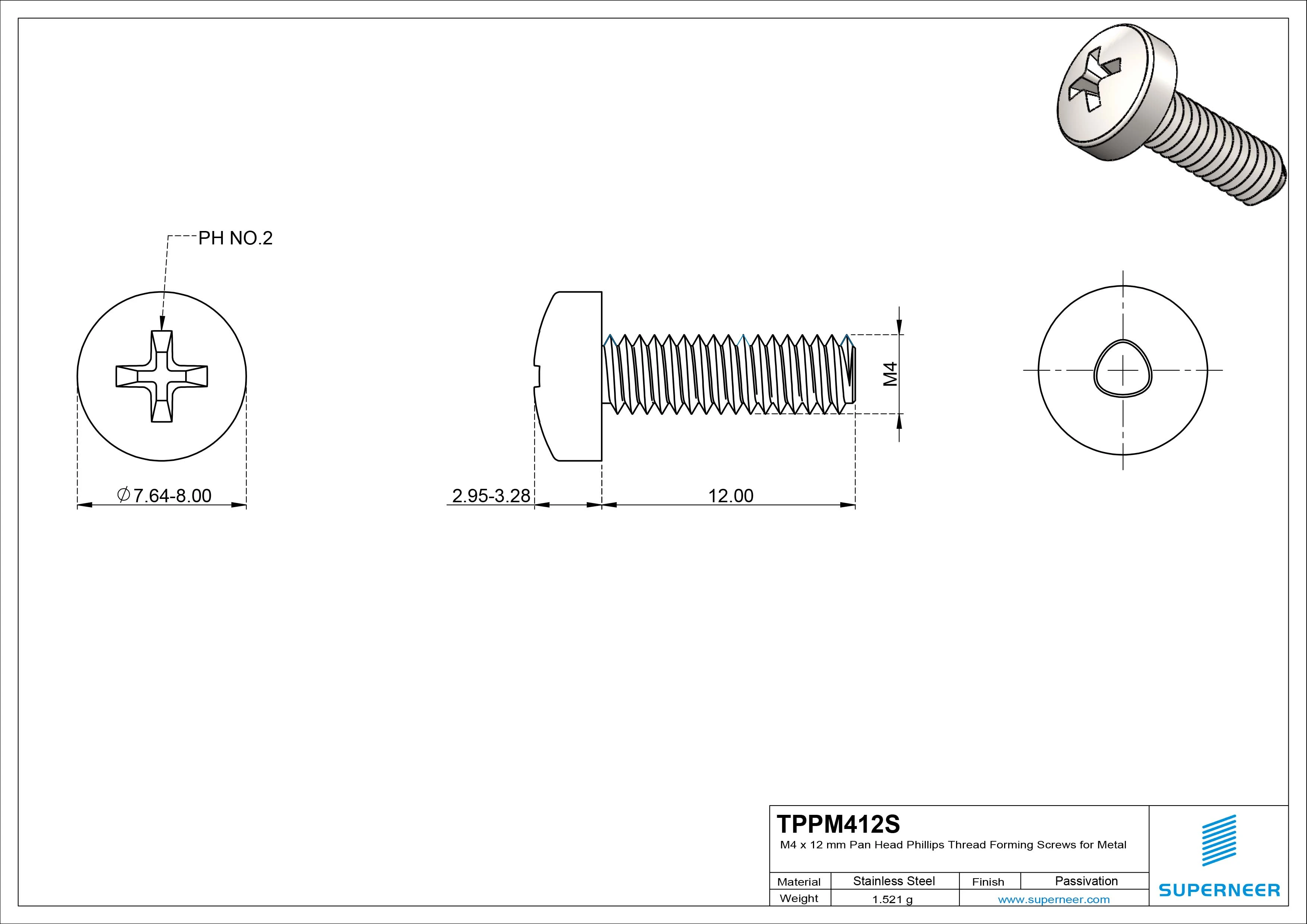 M4 × 12mm Pan Head Phillips Thread Forming Screws for Metal SUS304 Stainless Steel Inox