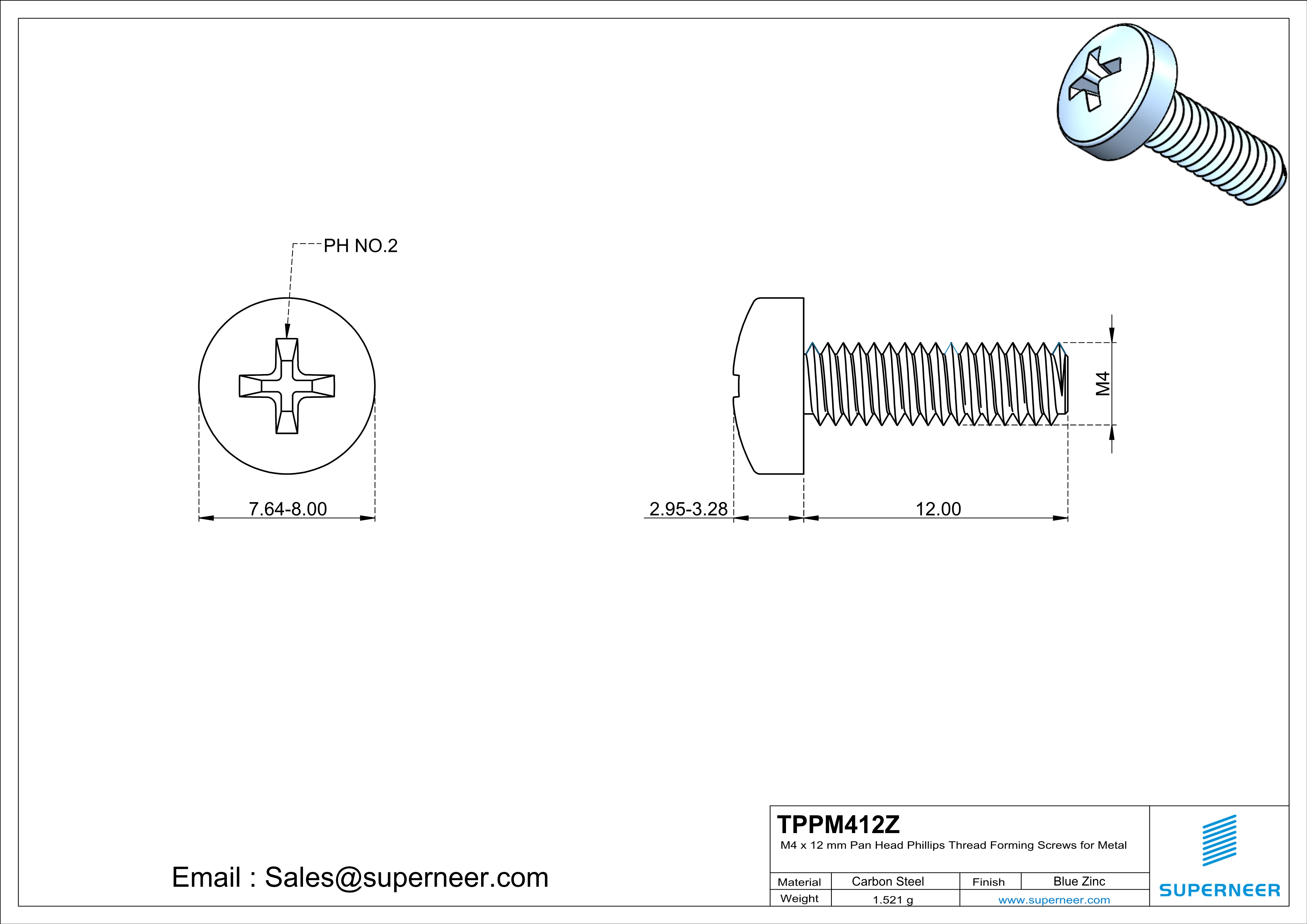 M4 × 12mm Pan Head Phillips Thread Forming Screws for Metal Steel Blue Zinc Plated