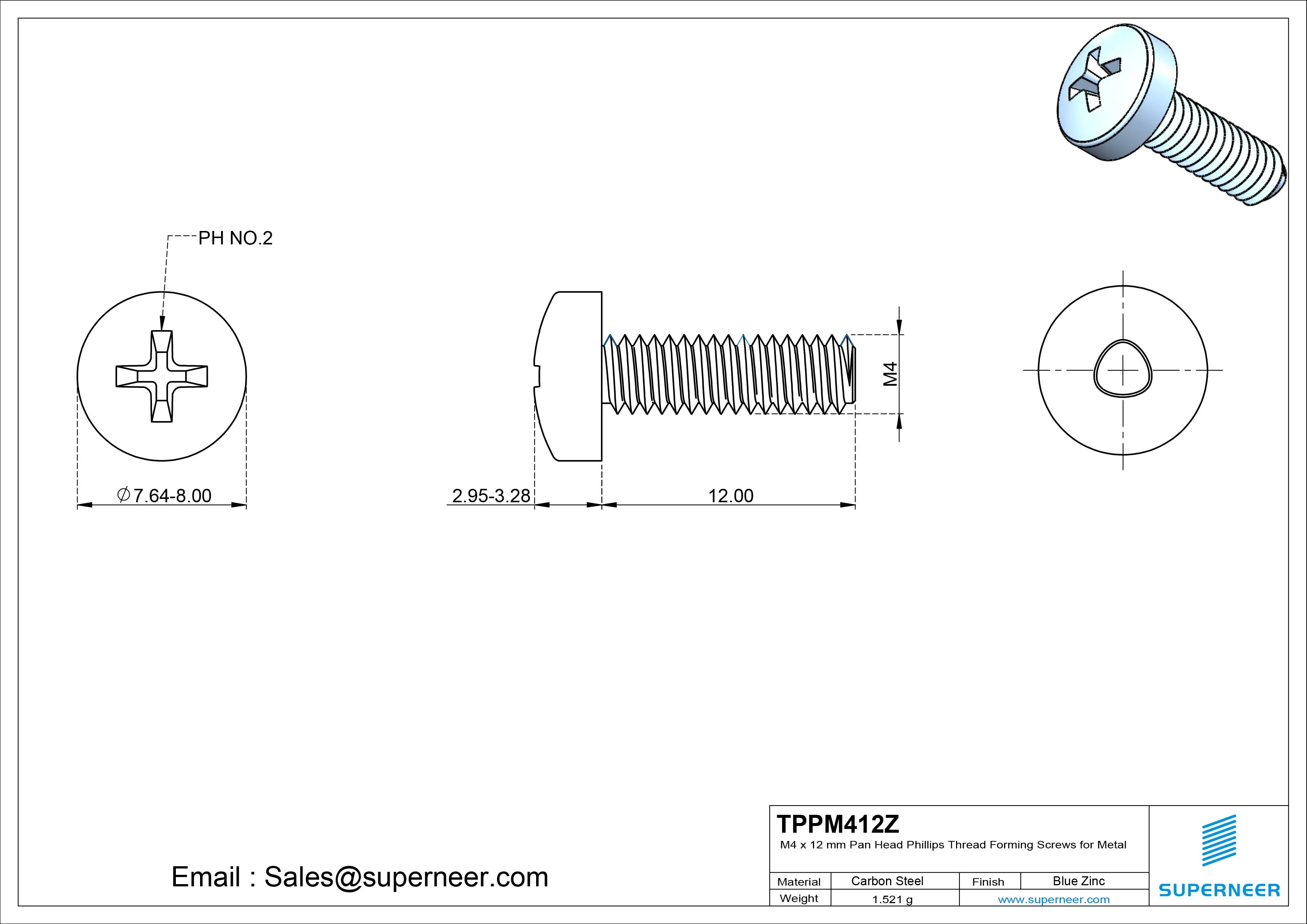 M4 × 12mm Pan Head Phillips Thread Forming Screws for Metal Steel Blue Zinc Plated