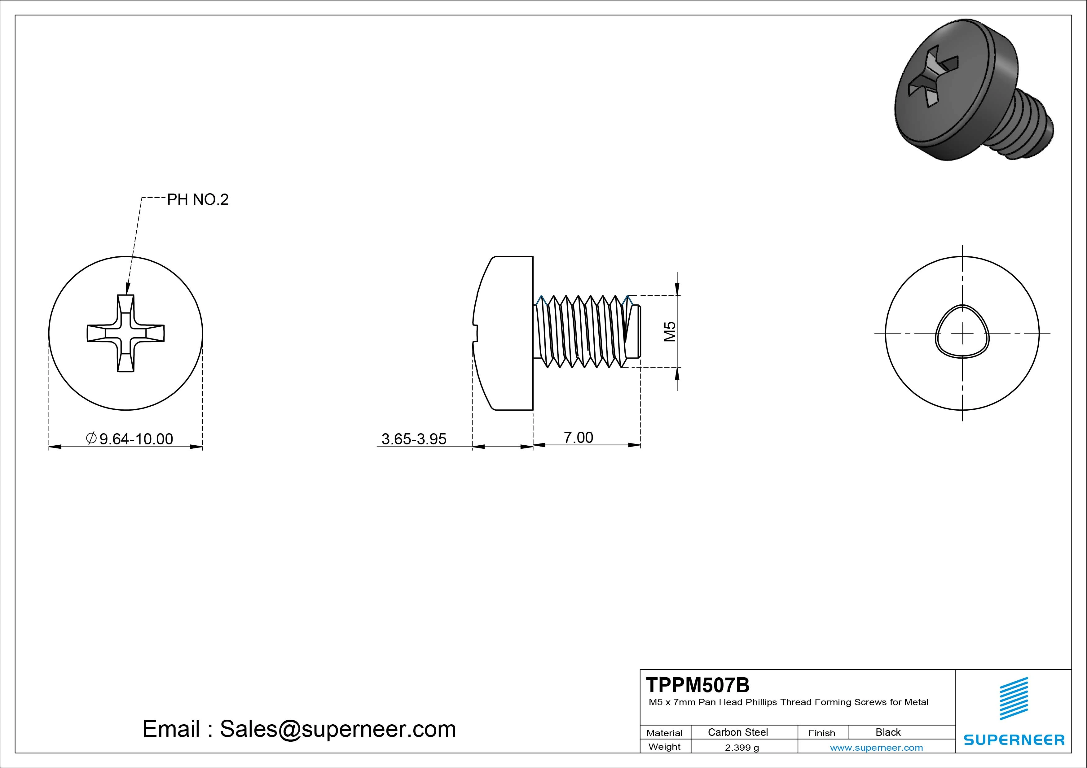 M5 × 7mm Pan Head Phillips Thread Forming Screws for Metal Steel Black