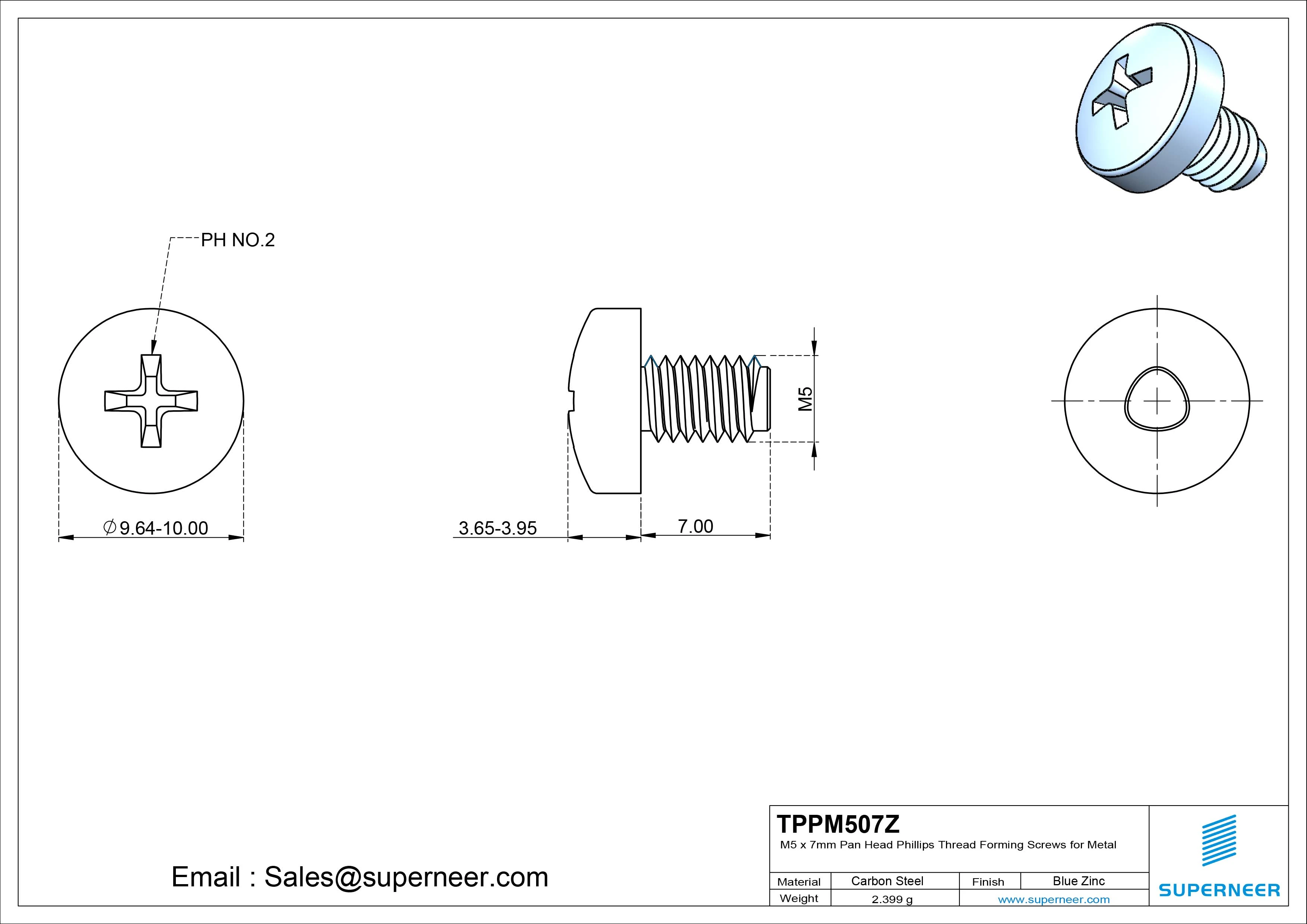 M5 × 7mm Pan Head Phillips Thread Forming Screws for Metal Steel Blue Zinc Plated