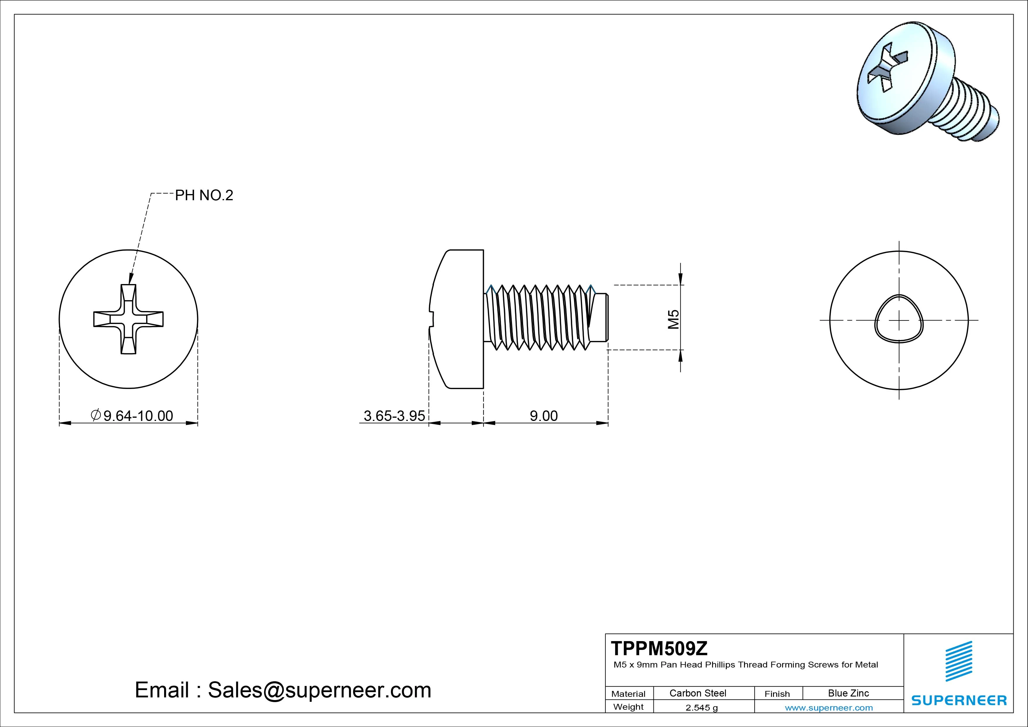 M5 × 9mm Pan Head Phillips Thread Forming Screws for Metal Steel Blue Zinc Plated