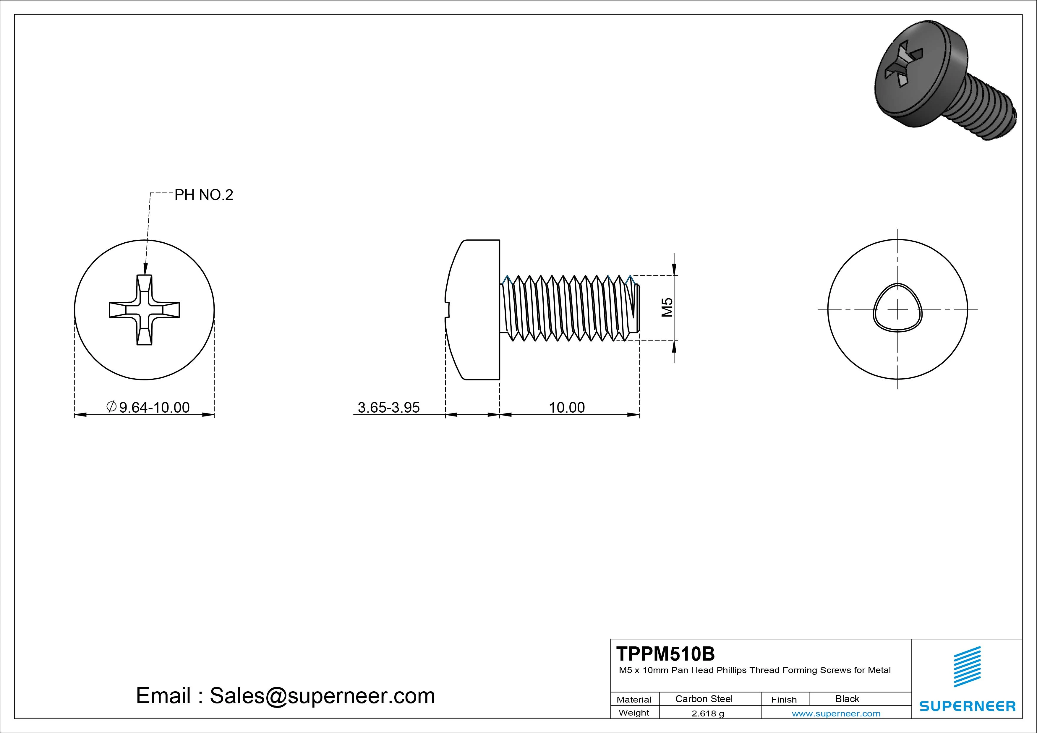 M5 × 10mm Pan Head Phillips Thread Forming Screws for Metal Steel Black