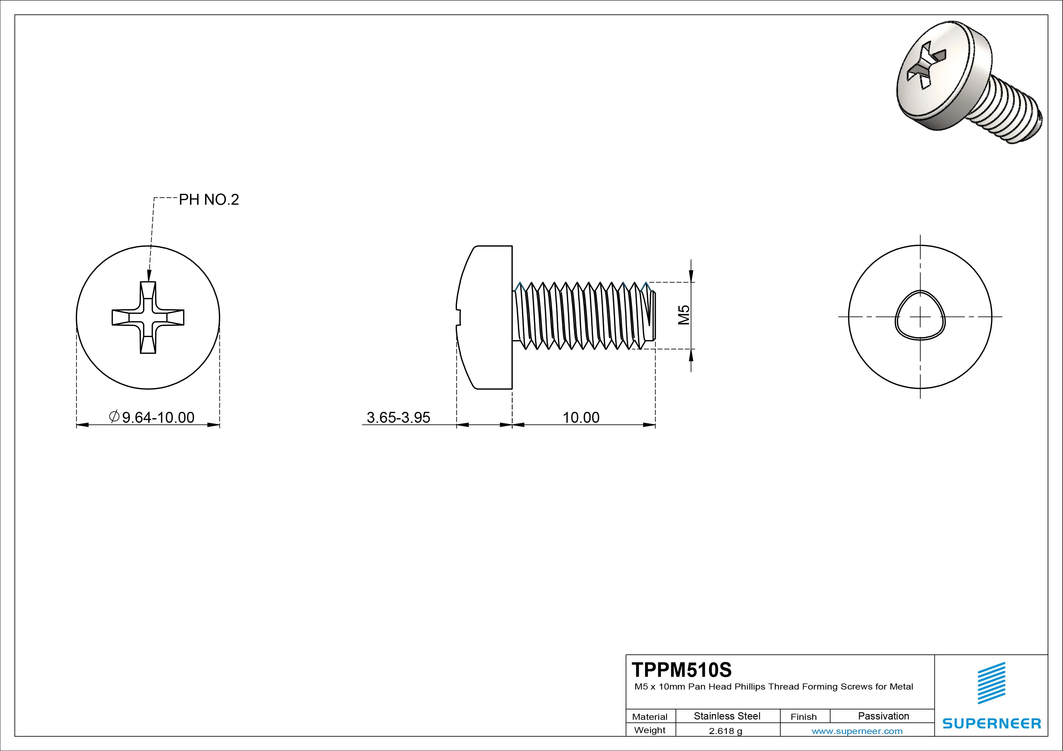 M5 × 10mm Pan Head Phillips Thread Forming Screws for Metal SUS304 Stainless Steel Inox