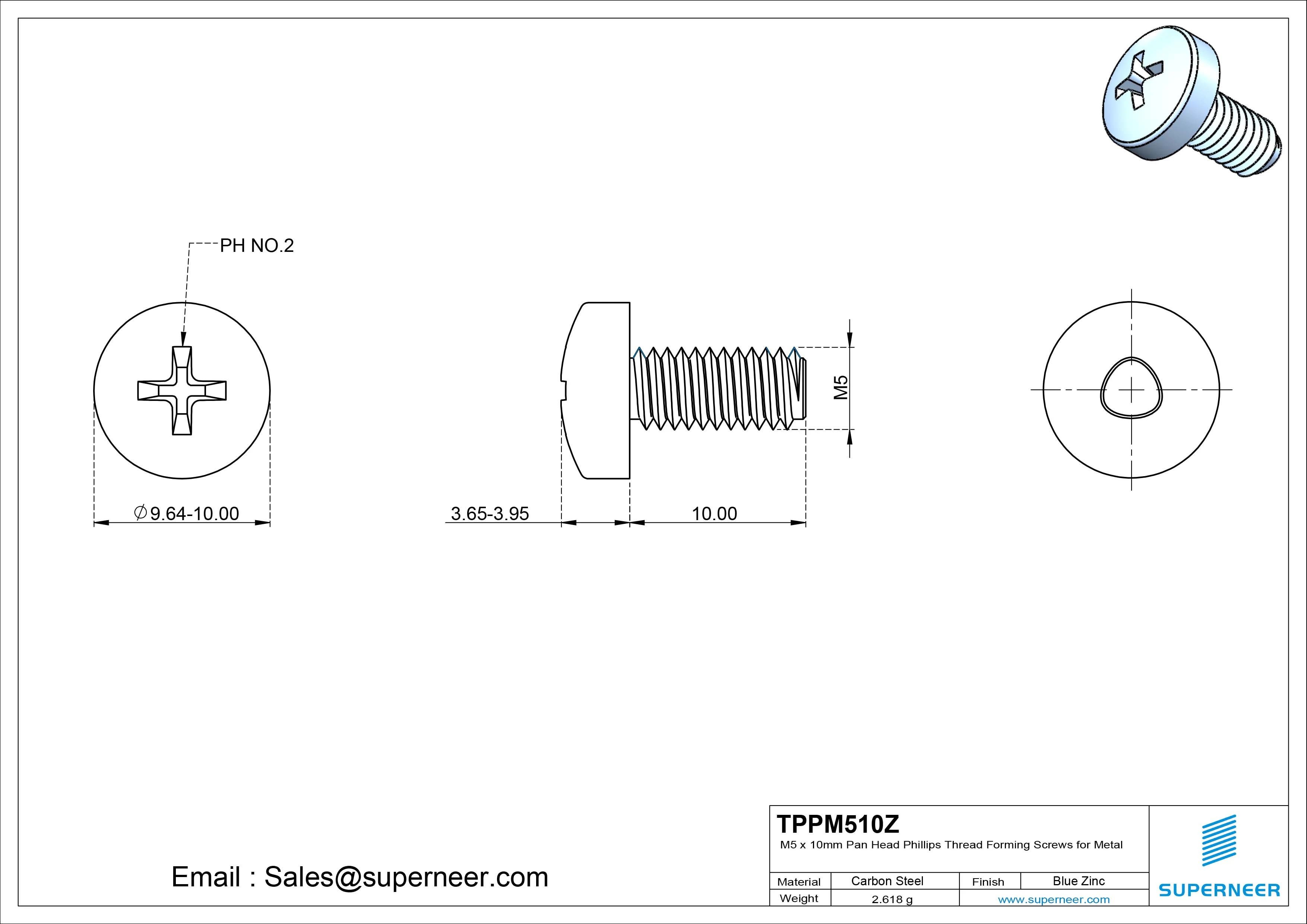 M5 × 10mm Pan Head Phillips Thread Forming Screws for Metal Steel Blue Zinc Plated