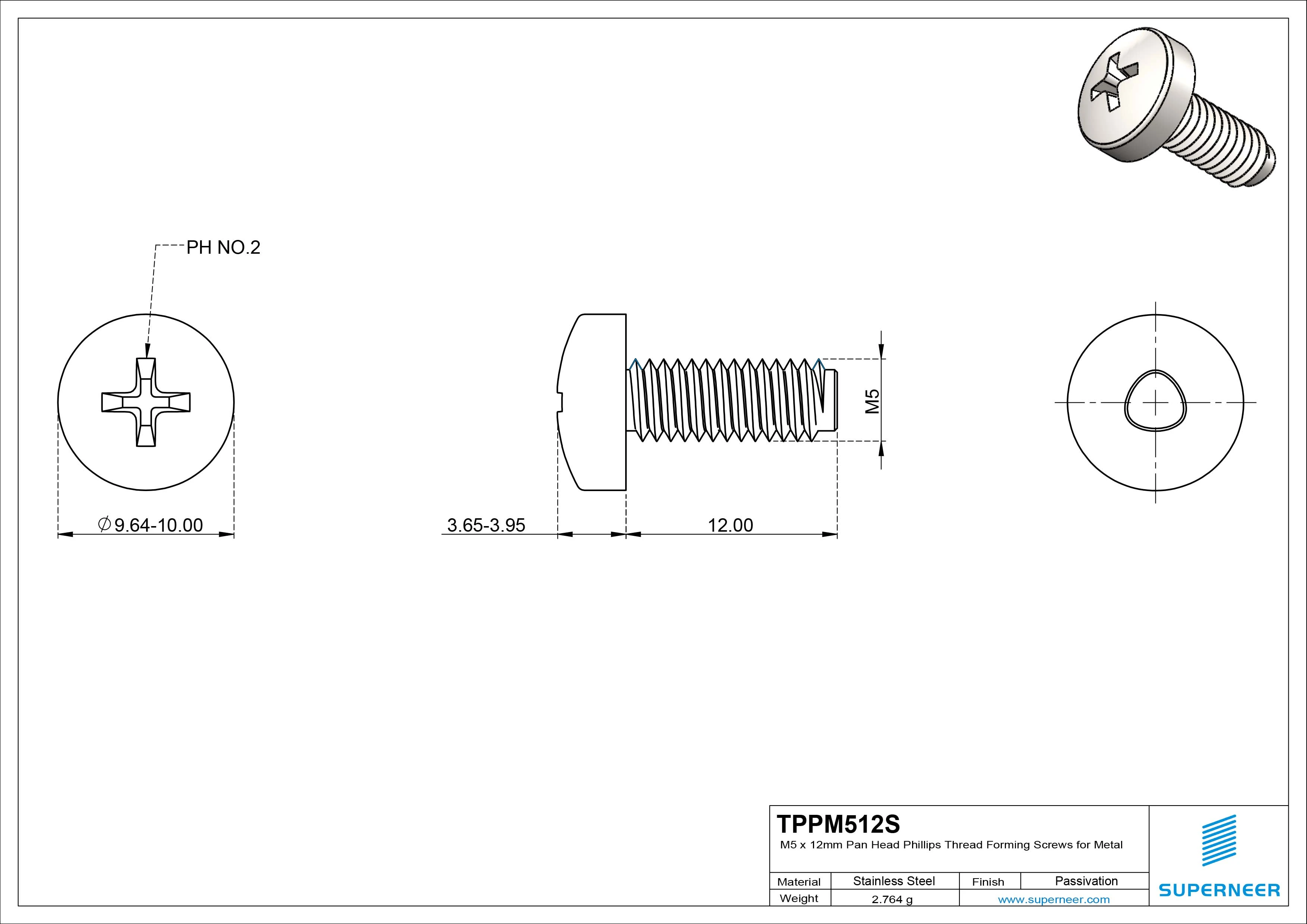 M5 × 12mm Pan Head Phillips Thread Forming Screws for Metal SUS304 Stainless Steel Inox