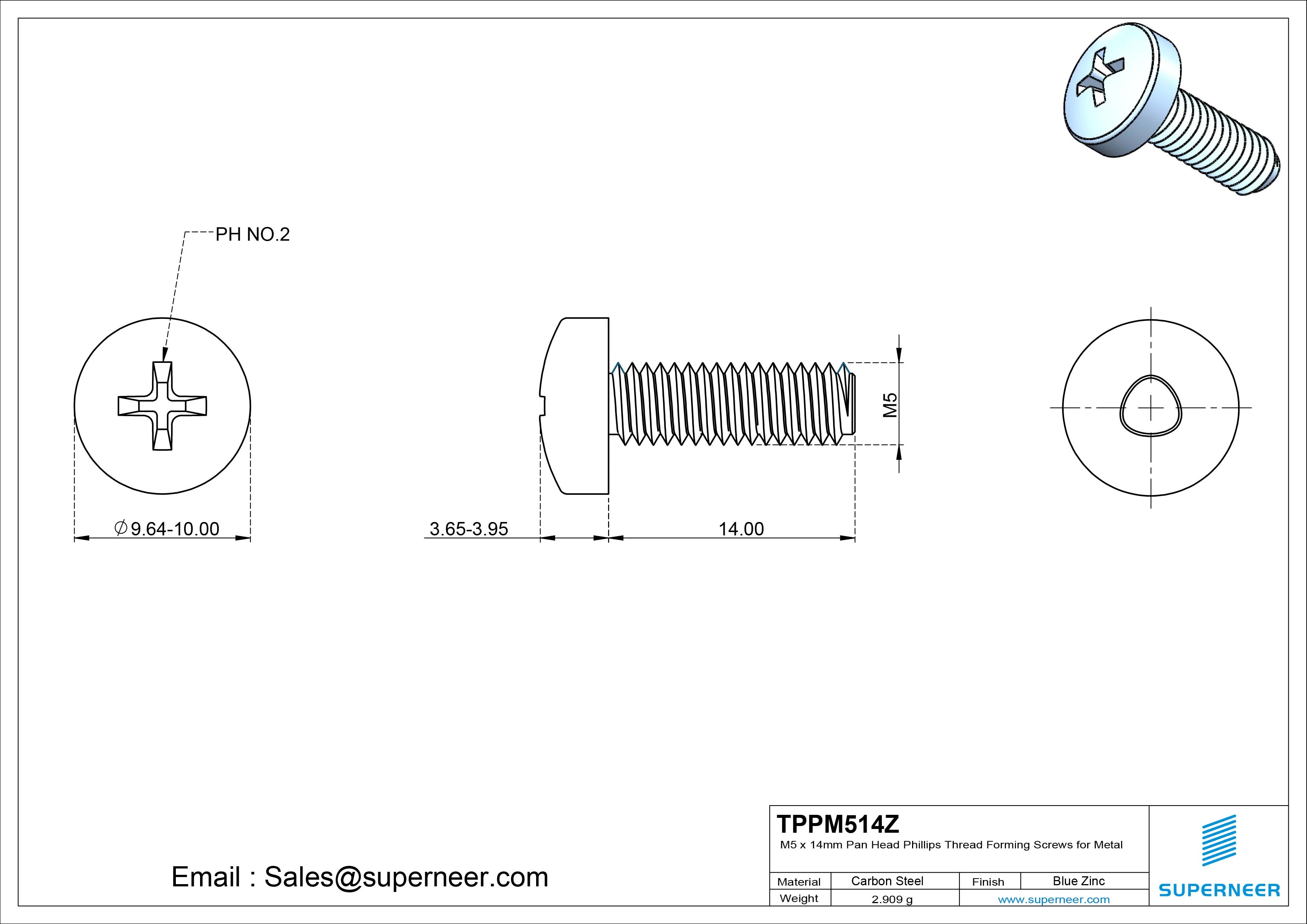 M5 × 14mm Pan Head Phillips Thread Forming Screws for Metal Steel Blue Zinc Plated