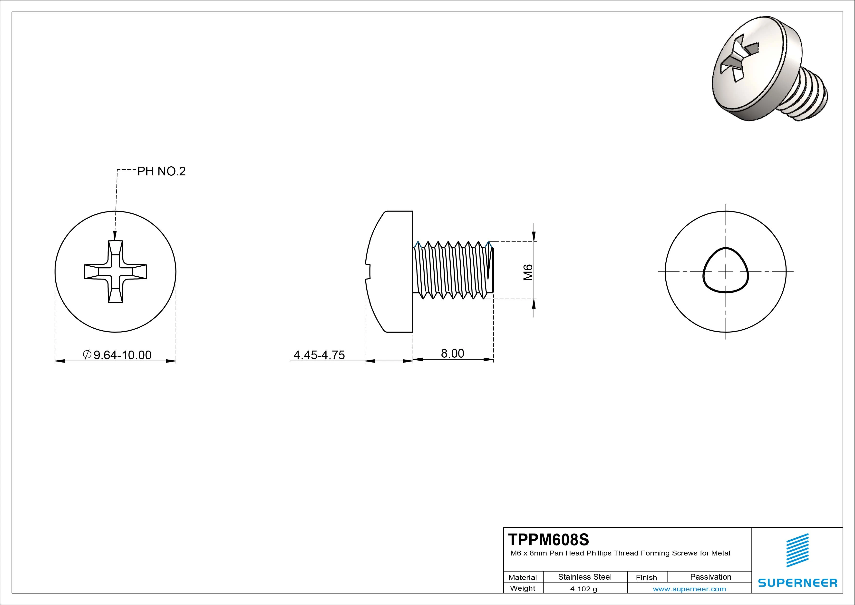 M6 × 8mm Pan Head Phillips Thread Forming Screws for Metal SUS304 Stainless Steel Inox