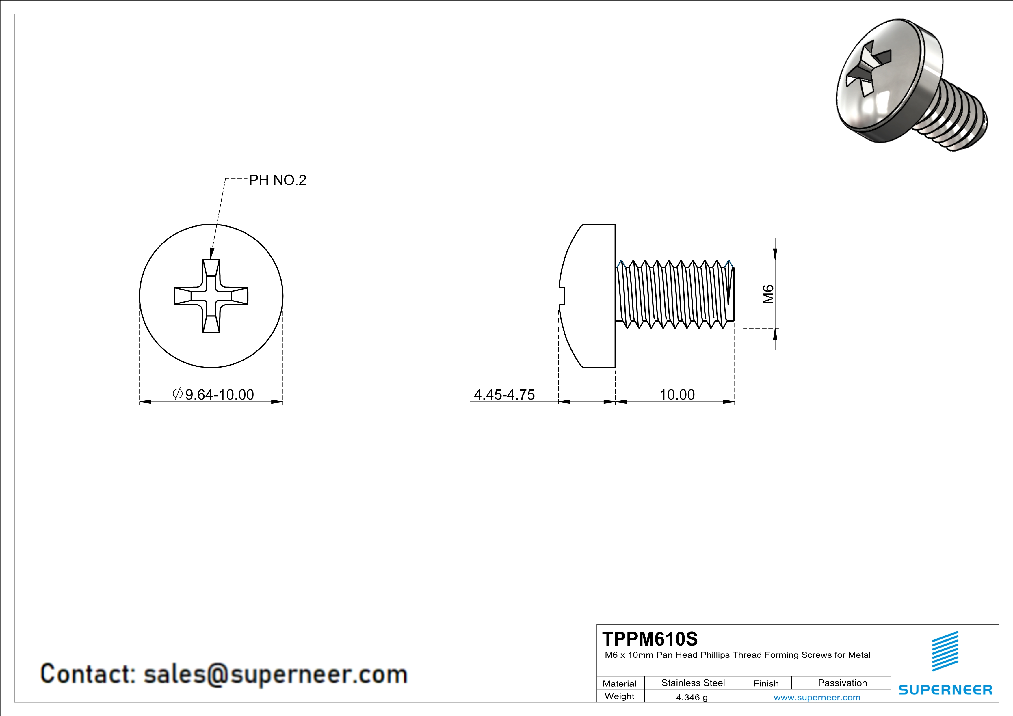 M6 × 10mm Pan Head Phillips Thread Forming Screws for Metal SUS304 Stainless Steel Inox