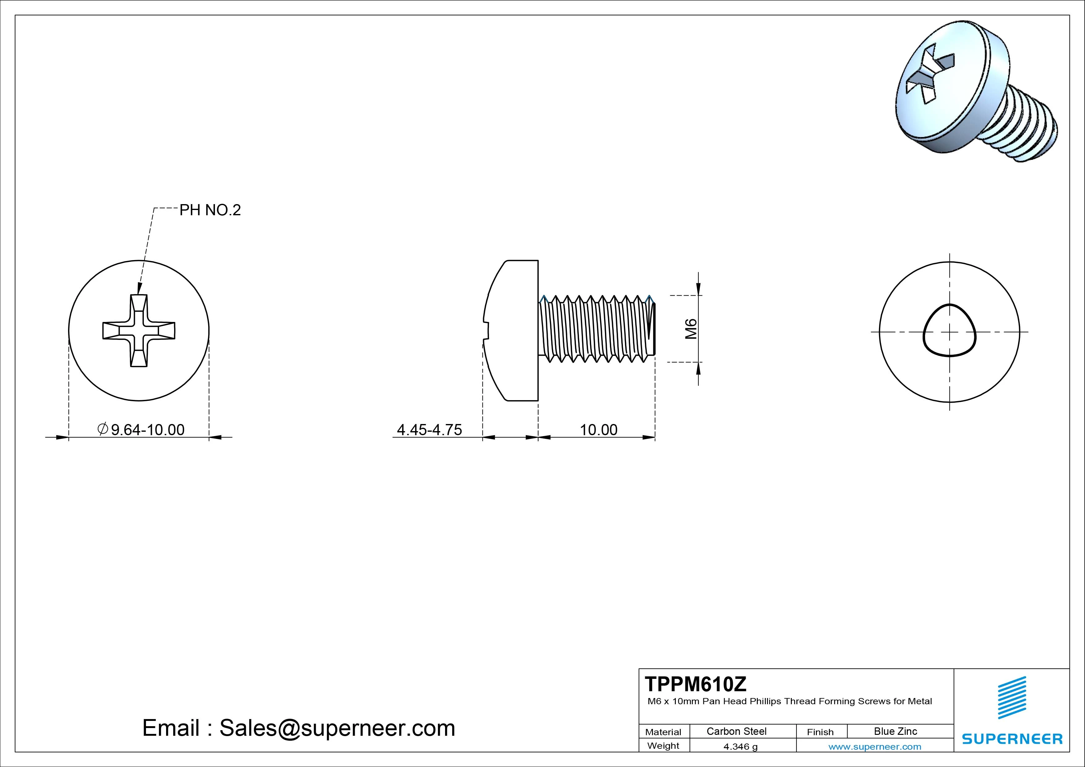 M6 × 10mm Pan Head Phillips Thread Forming Screws for Metal Steel Blue Zinc Plated