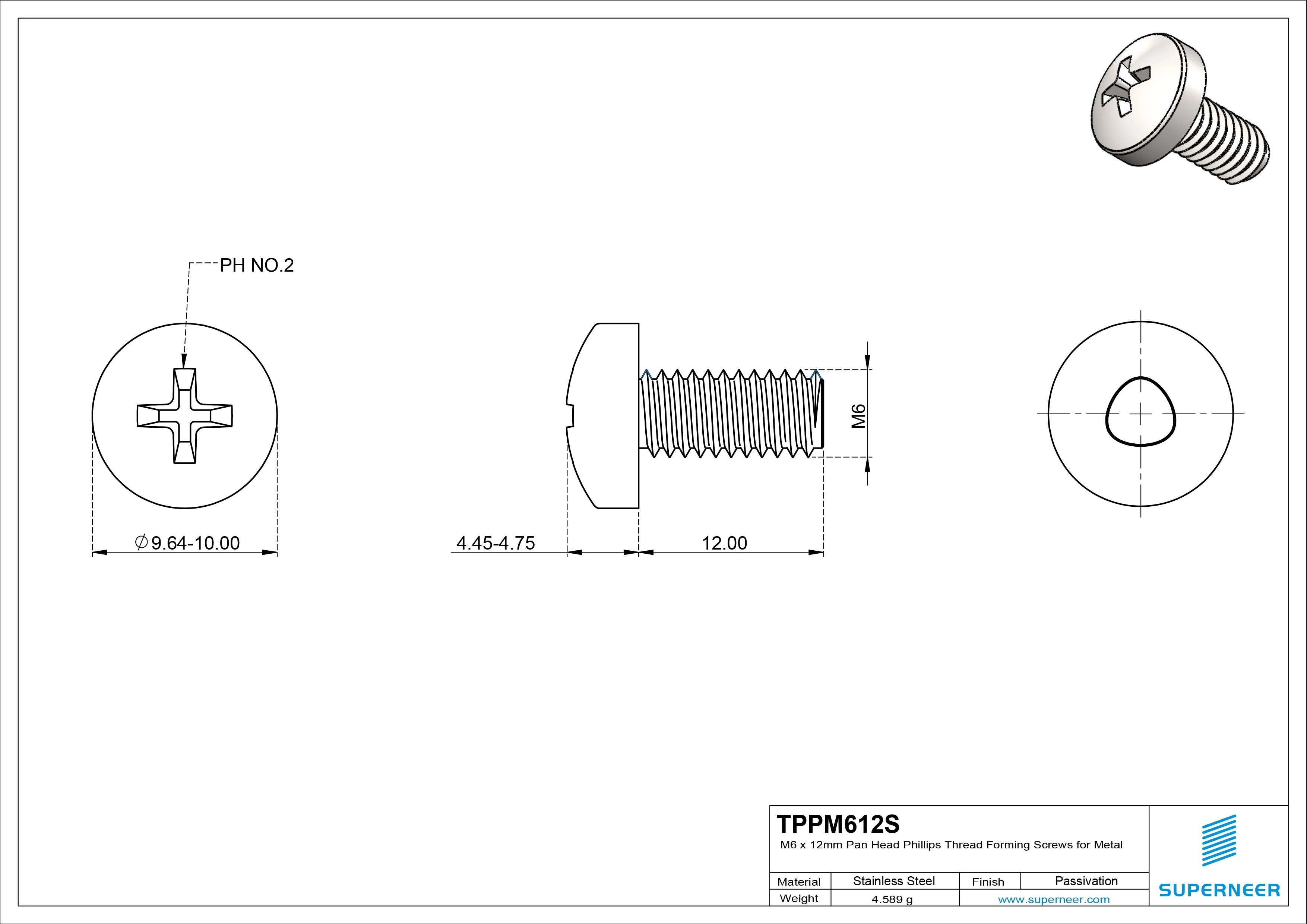 M6 × 12mm Pan Head Phillips Thread Forming Screws for Metal SUS304 Stainless Steel Inox