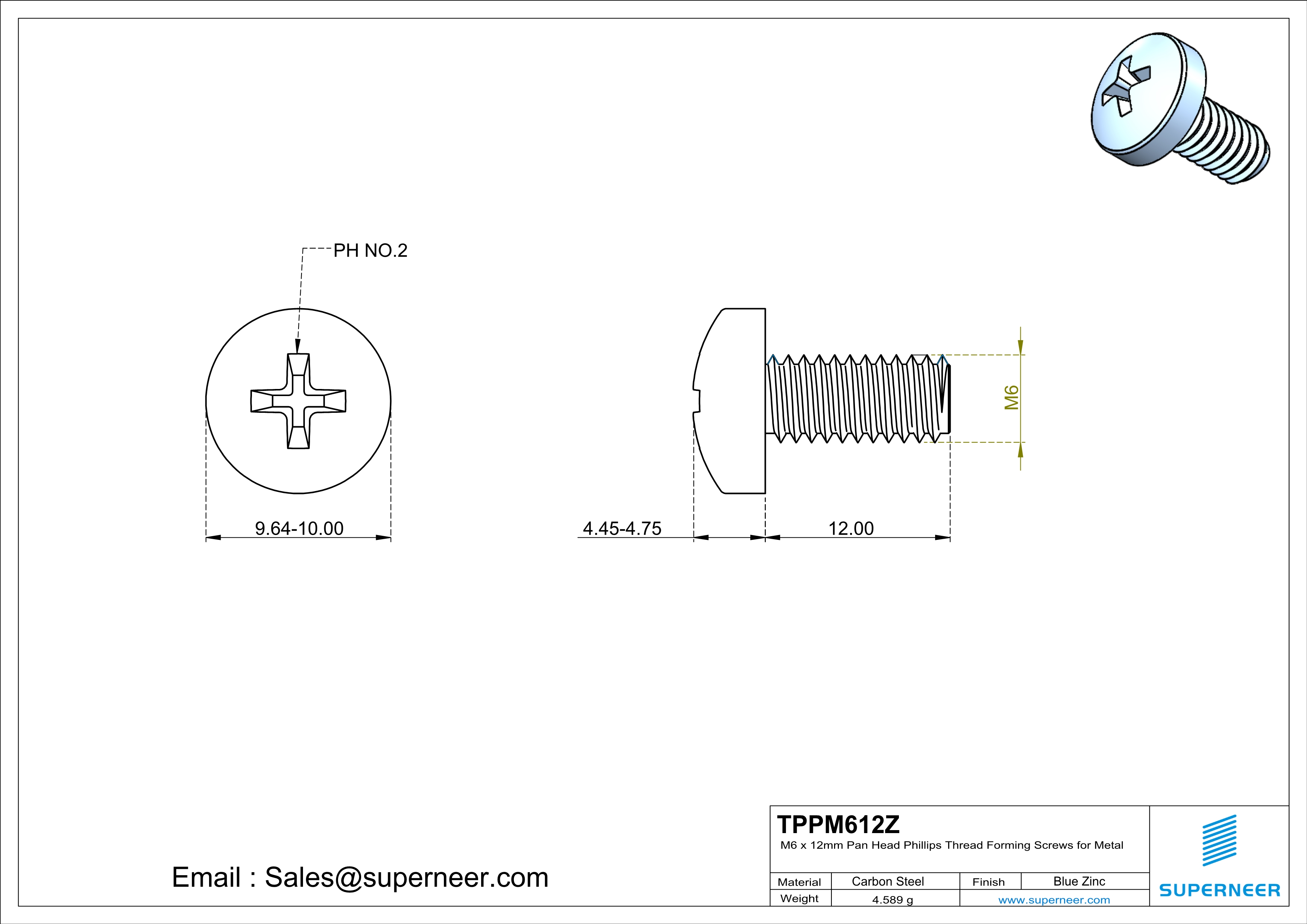 M6 × 12mm Pan Head Phillips Thread Forming Screws for Metal Steel Blue Zinc Plated